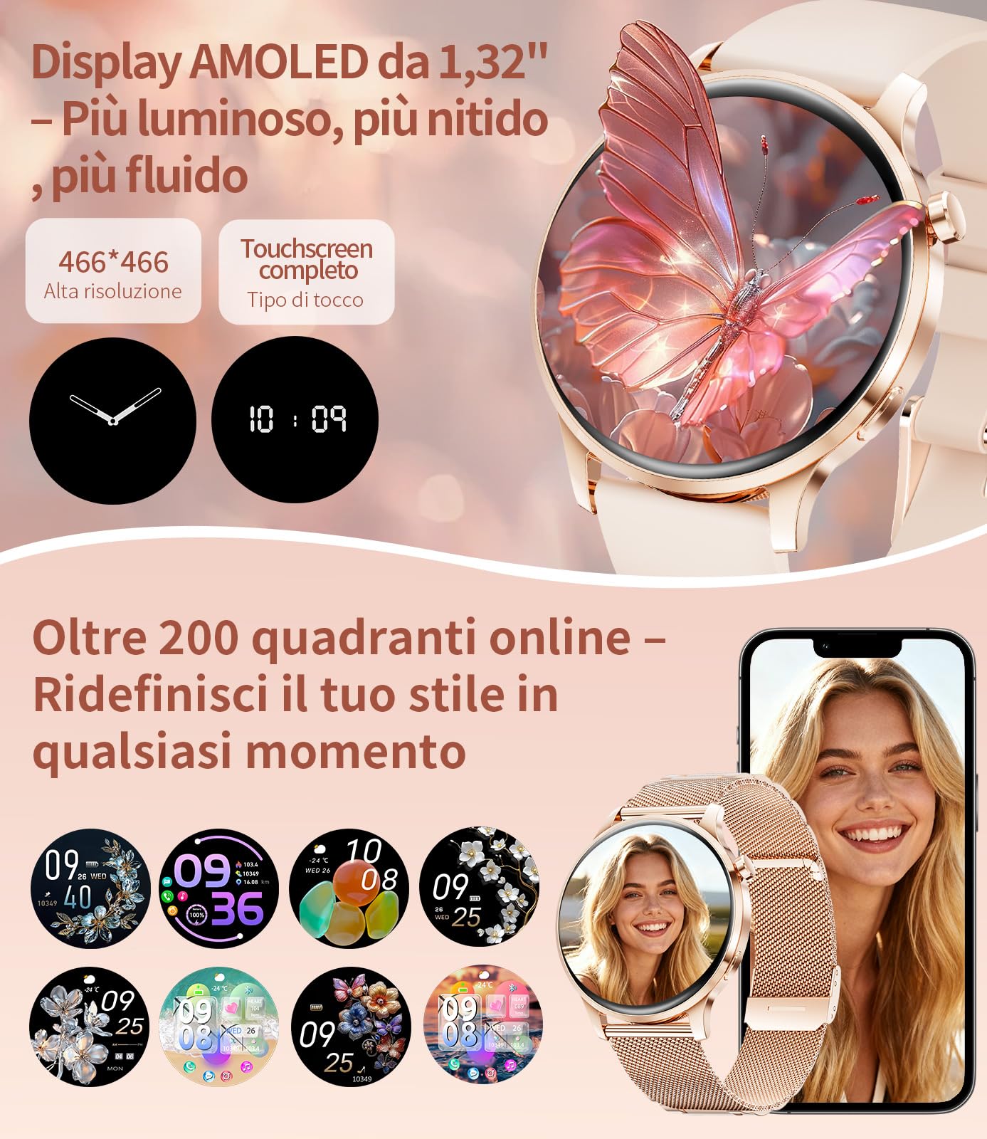 Smartwatch Donna, Display AMOLED 1,32" Ultra-sottile, Chiamate Bluetooth, IP68 Impermeabile, 116 Modalità Sport, Monitoraggio del Ciclo/Frequenza Cardiaca e Sonno, 2 Cinturini e 2 Cavi Inclusi, FV23-D
