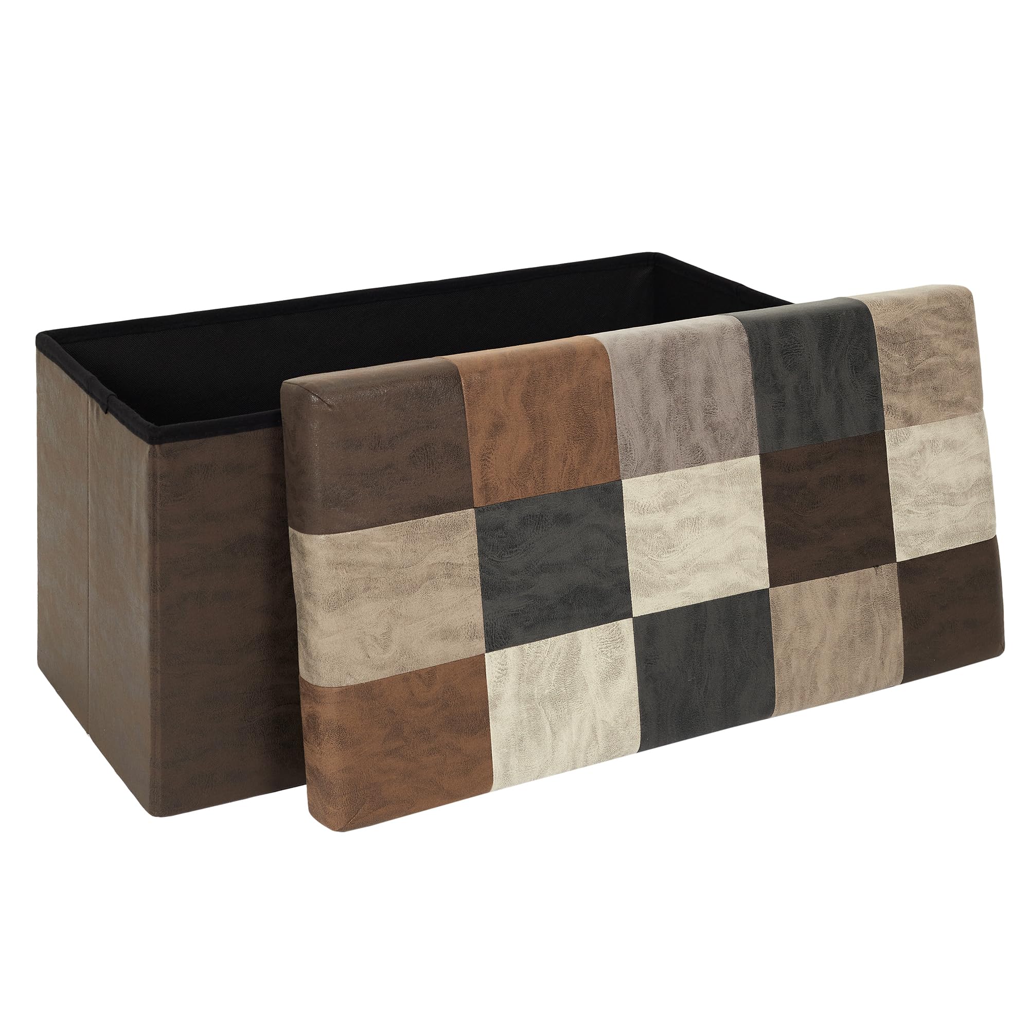HOME DECO FACTORY - HD7666 Baúl Banco Plegable Patchwork PU M2 - Mobiliario Bistró Industrial - Asiento Cómodo y Almacenamiento - 76 x 38 x 38 cm - Altura del Asiento 38 cm - Color Marrón