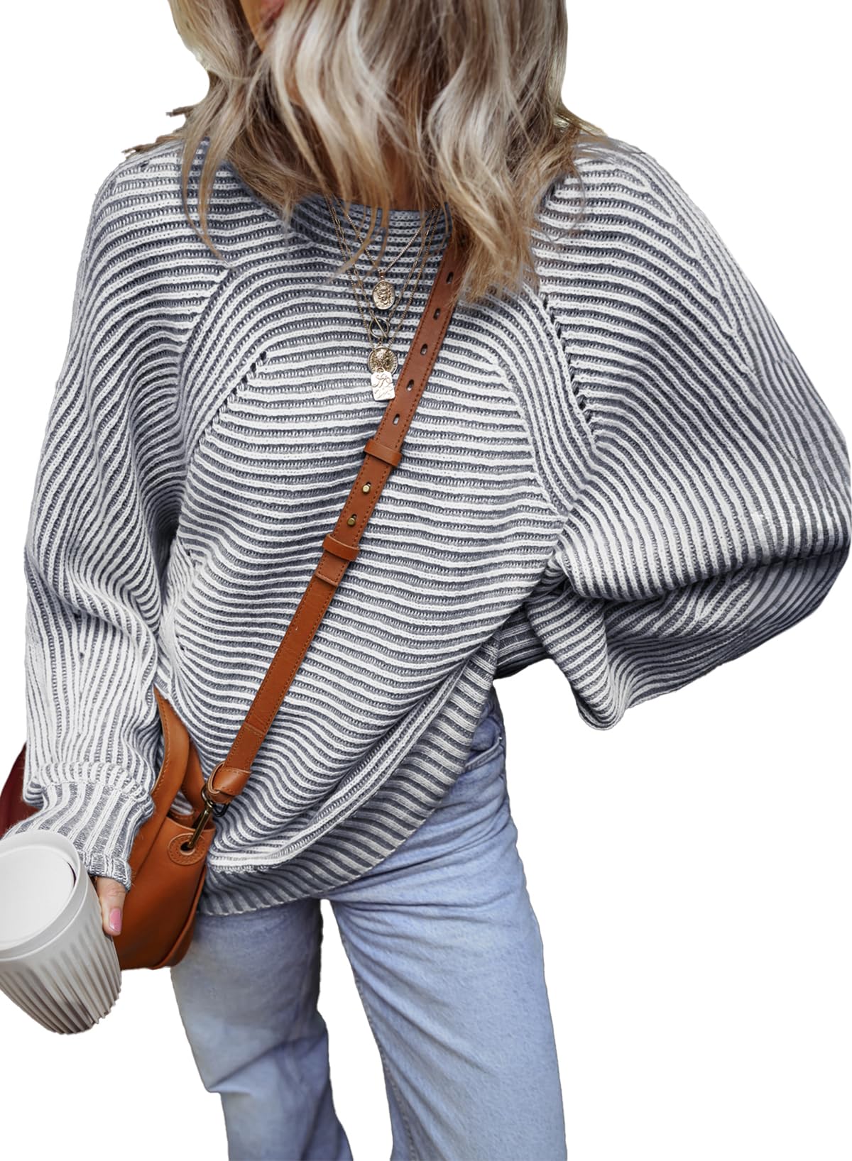 Striped Sweaters for Women Boat Neck Batwing Sleeve Oversized Pullover Sweater Tops Womens Fall Clothes Outfits