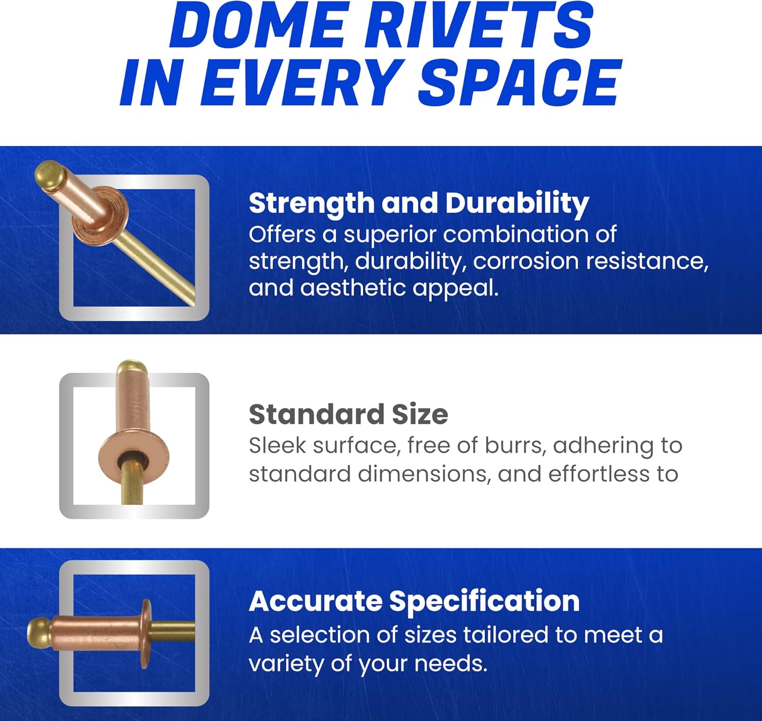 Fastenere Copper Pop Rivets - 1/8" x 3/16" (100 Pack) Copper Body Brass Mandrel, Heavy Duty, Open-End, Dome-Head Blind Rivets, Corrosion-Resistant & High Shear Strength, 4-3 Gap .126" - .187"