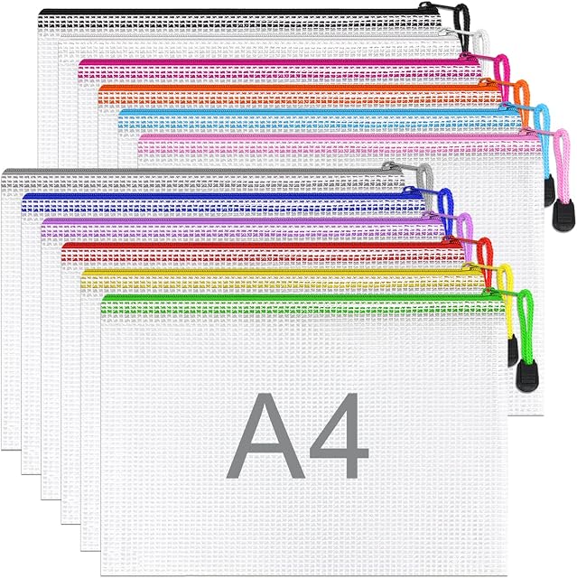 A4 Plastic Wallets Folders - 12PCS A4 Zip Wallets Plastic Zip Lock Bags Document Wallets Zipper File Folders for School Office Supplies, Household, Cosmetics, Cross Stitch, Puzzles & Games Storage
