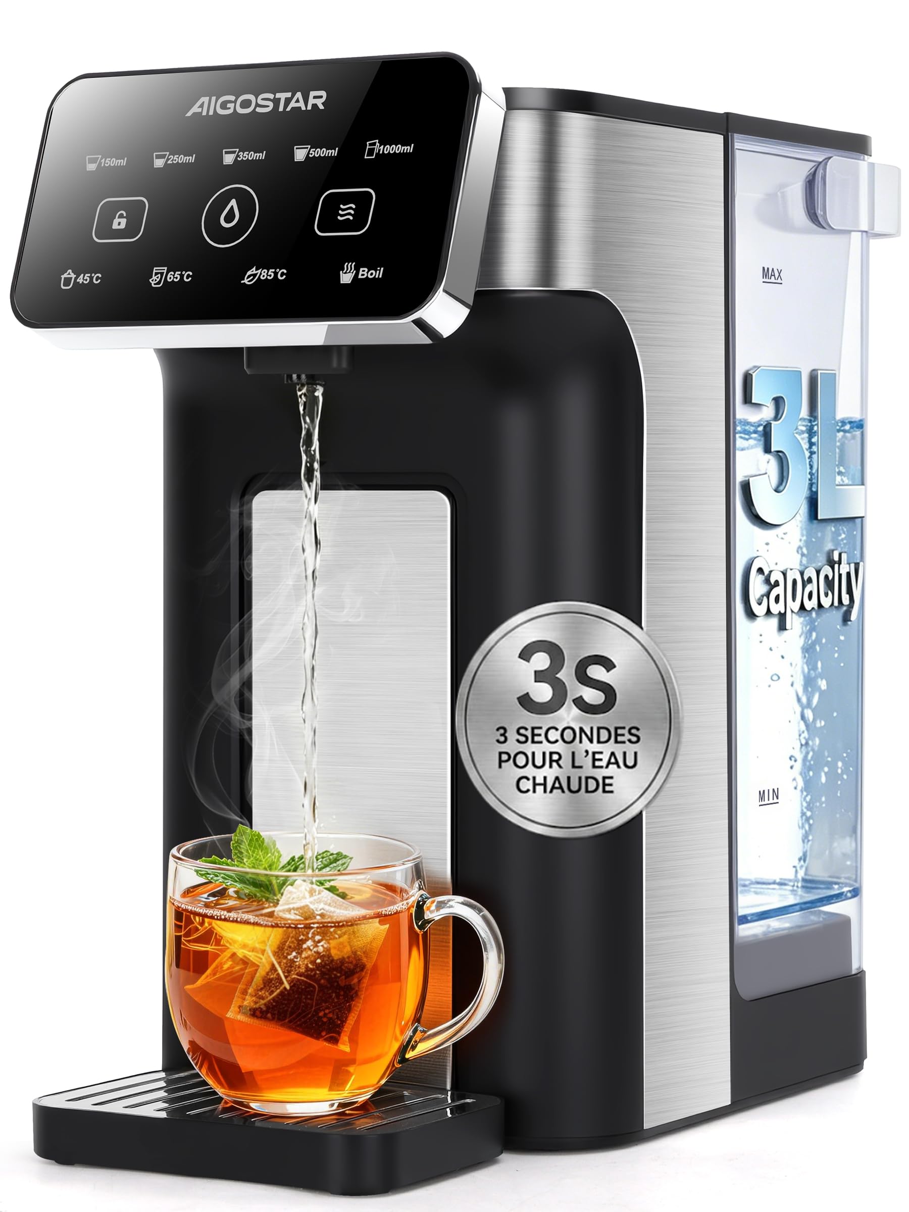 Aigostar - Distributeur d'Eau Chaude Instantané 3L Inox, Eau Chaude en 3 Secondes, 4 Températures Réglables 45-100°C, 5 Volumes 100-1000ml, Écran Tactile, Plateau Réglable en Hauteur, Sécurité Enfant