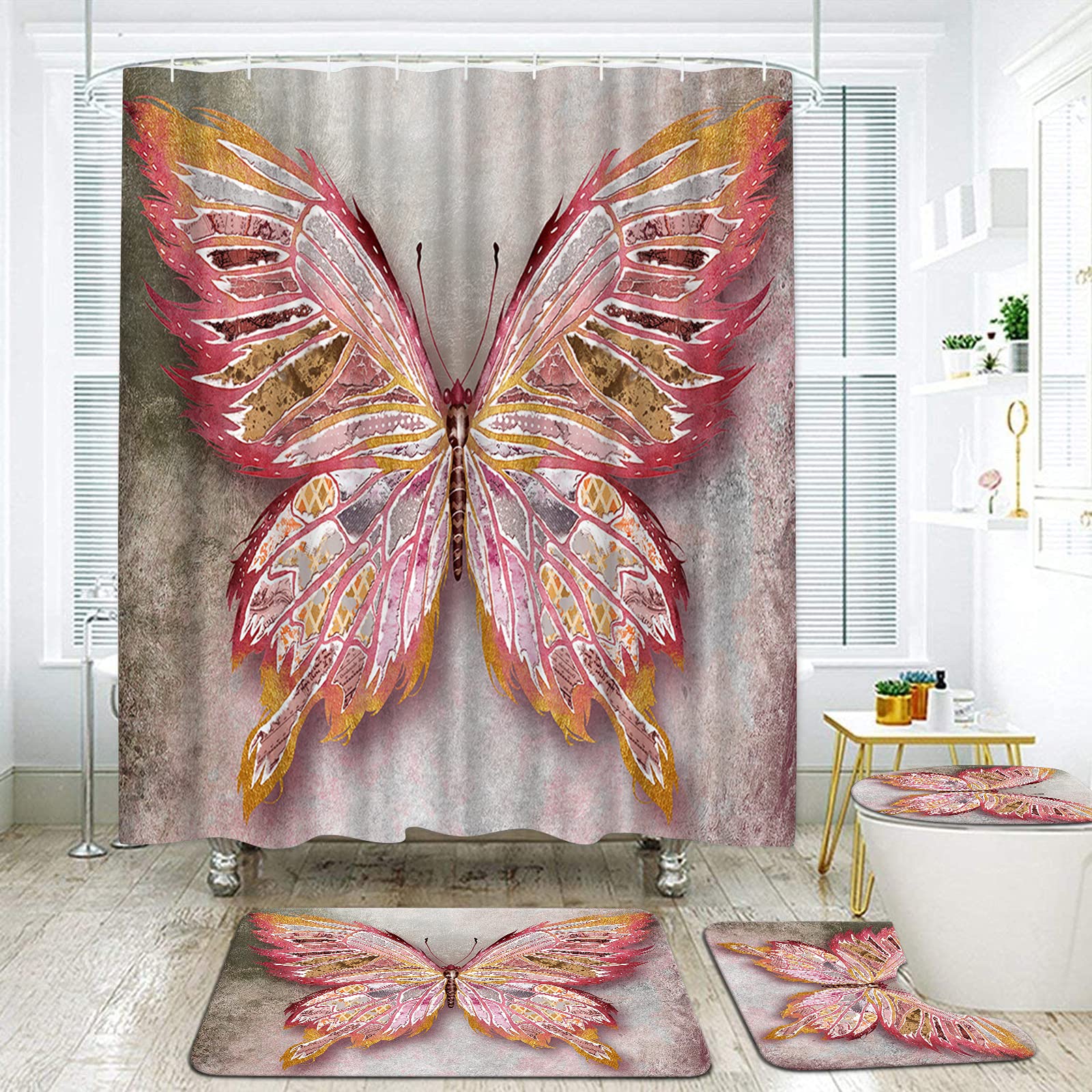 SkenoArt4 Pcs Butterfly Shower Curtain Set with Non-Slip Rugs Toilet Lid Cover and Bath Mat Pink and Gold Butterfly Shower Curtain Girls Lady Bathroom Decor with Hooks