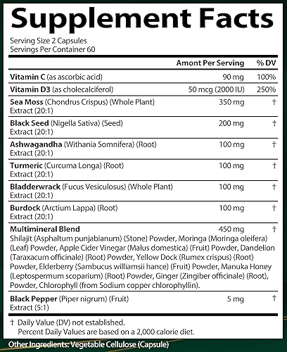 Miniatura 9 de Aceite de semilla negra de musgo marino Ashwagandha Jengibre, cápsulas de musgo marino orgánico con raíz de bardana, píldoras de musgo marino