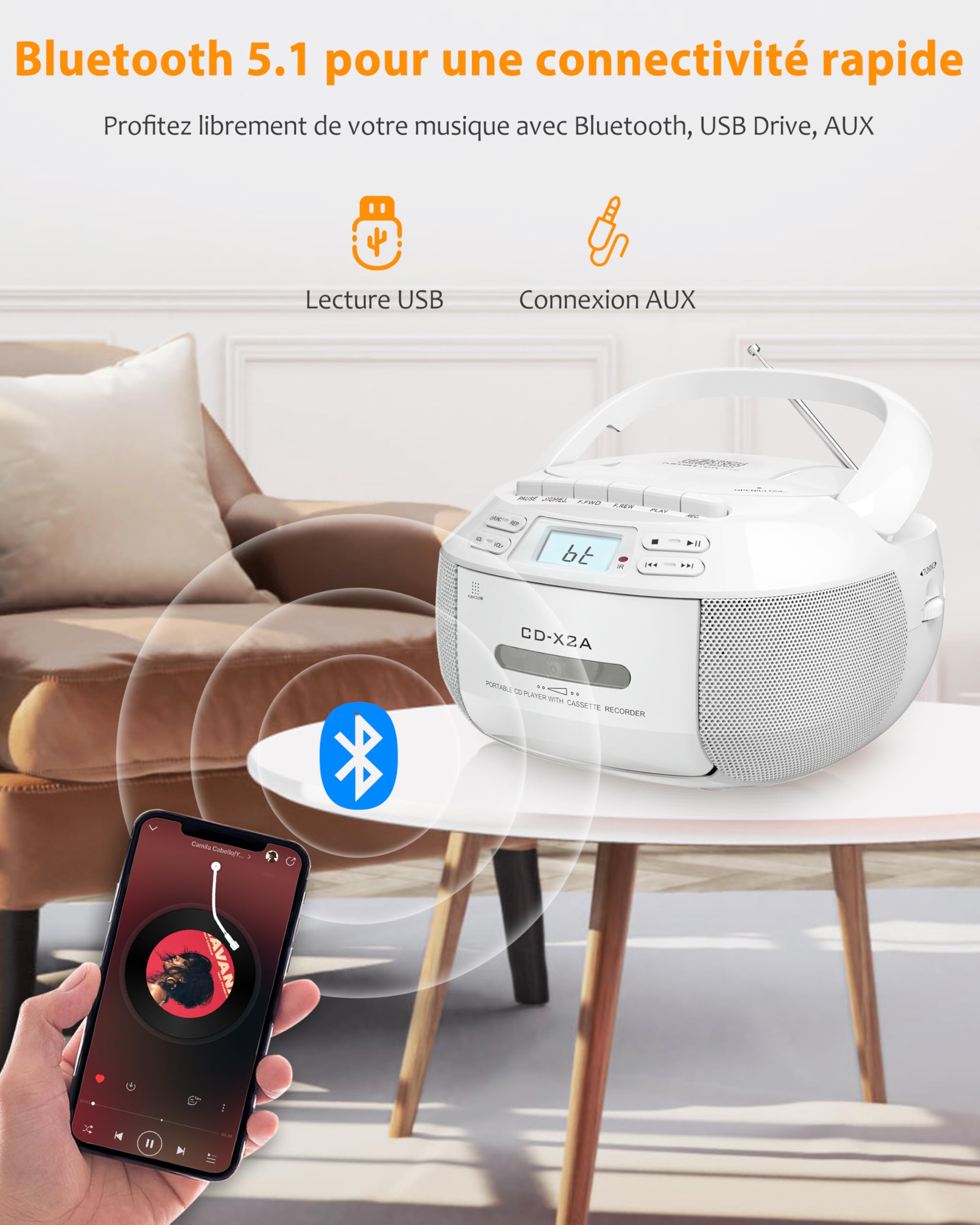 Greadio Lecteur CD Boombox avec Bluetooth, Radio FM, Lecture USB/AUX, Son stéréo avec télécommande, Enregistrement sur Bande, Alimentation CA/CC, lecteurs CD personnels pour la Maison (Blanc)