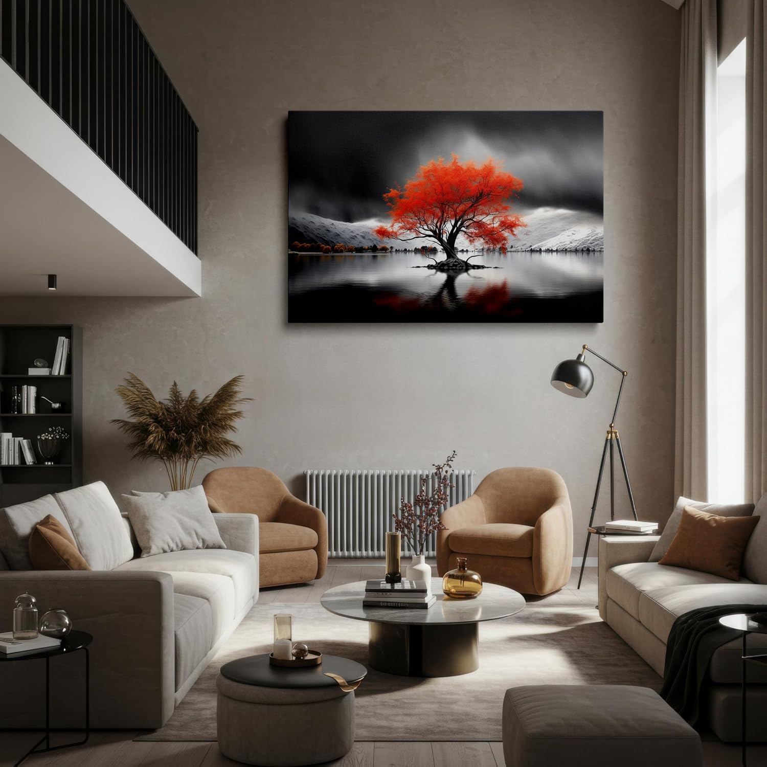 Canvas for Living room. Serenity Before the Storm: A Lone Red Tree's Reflection on Calm Waters, 27 x 18 inch Canvas Wall Art - Surrealistic Visions - Modern Home Decor