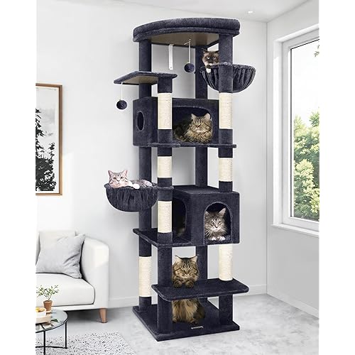 Globlazer Heavy Duty Cat Tree, 74in Sturdy Cat Tower for Large Cats Adult, Big Cat Tree with 7 Sisal Scratching Posts, 2 Padded Condos, 2 Dual-Ear Hanging Baskets, Enlarged Top Perch, S74, Dark Grey