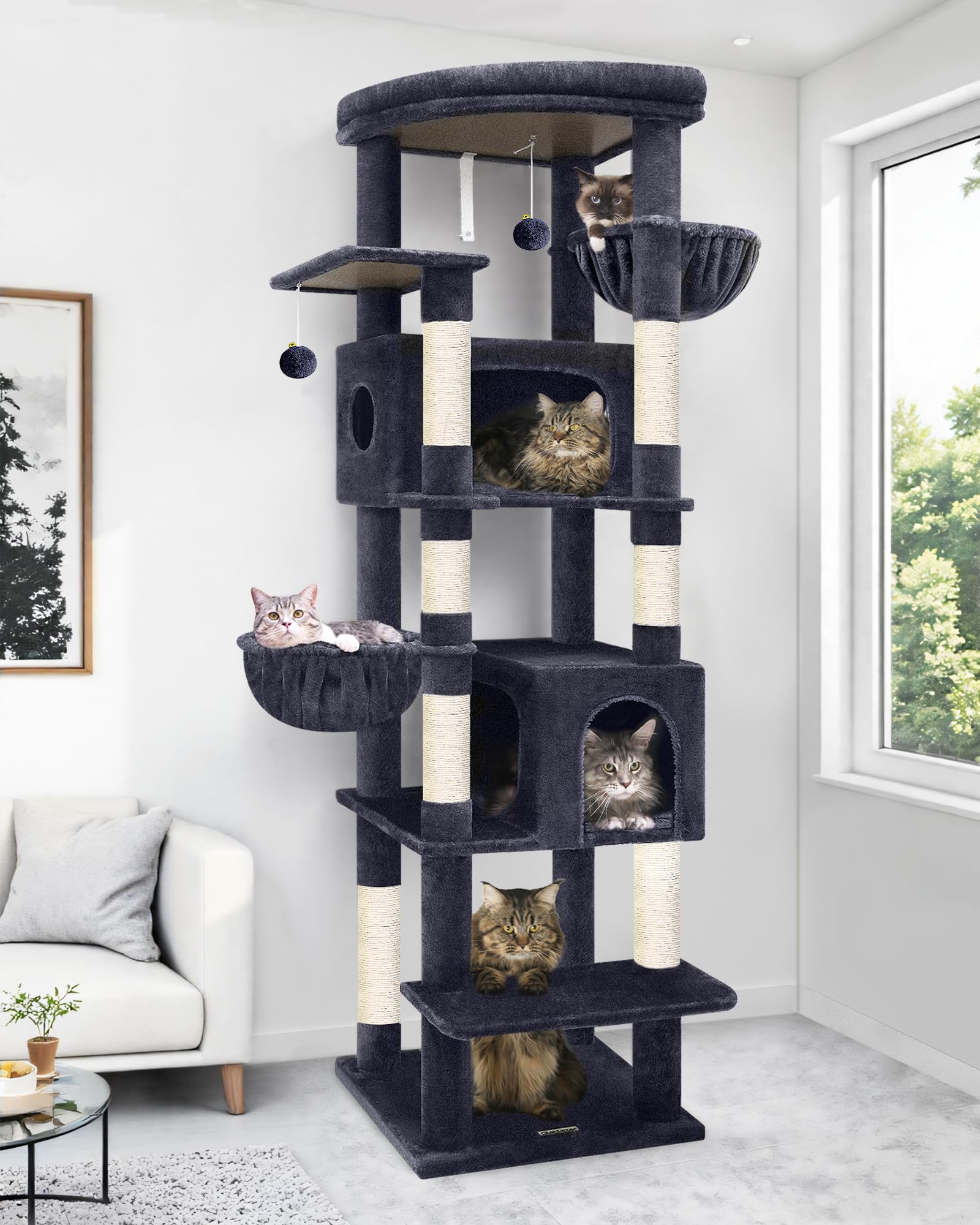 Globlazer Heavy Duty Cat Tree, 74in Sturdy Cat Tower for Large Cats Adult, Big Cat Tree with 7 Sisal Scratching Posts, 2 Padded Condos, 2 Dual-Ear