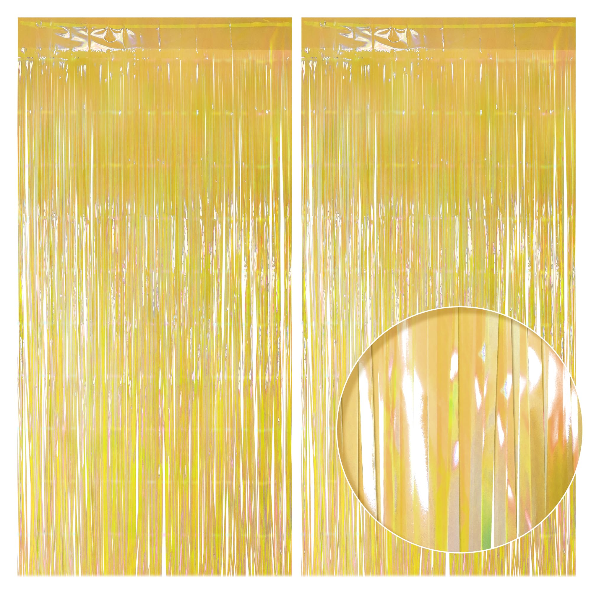 Photo 1 of 2 Pack Yellow Iridescent Streamers Backdrop, 3.3x6.6ft Foil Fringe Curtains Gold Holographic Door Tinsel Streamers for Birthday, Wedding, Holiday, Bachelorette, Theme Party Decorations