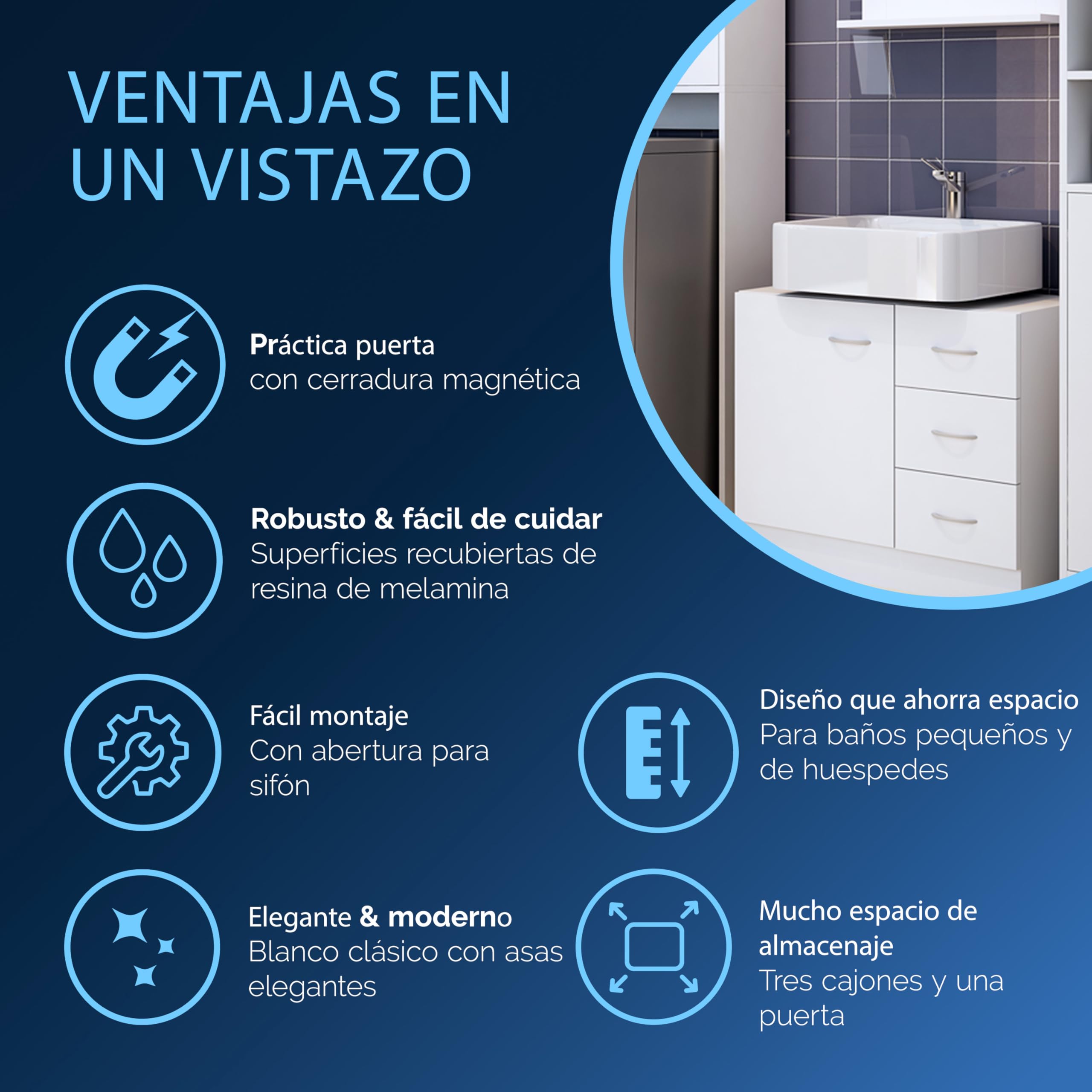CASARIA Mueble Bajo Lavabo Armario Baño 63x54x30cm Blanco | MDF, 3 Cajones, 1 Puerta, Almacenaje, Toallas, Utensilios Baño, Abertura para Sifón, Organizador, Mueble, Orden, Accesorios