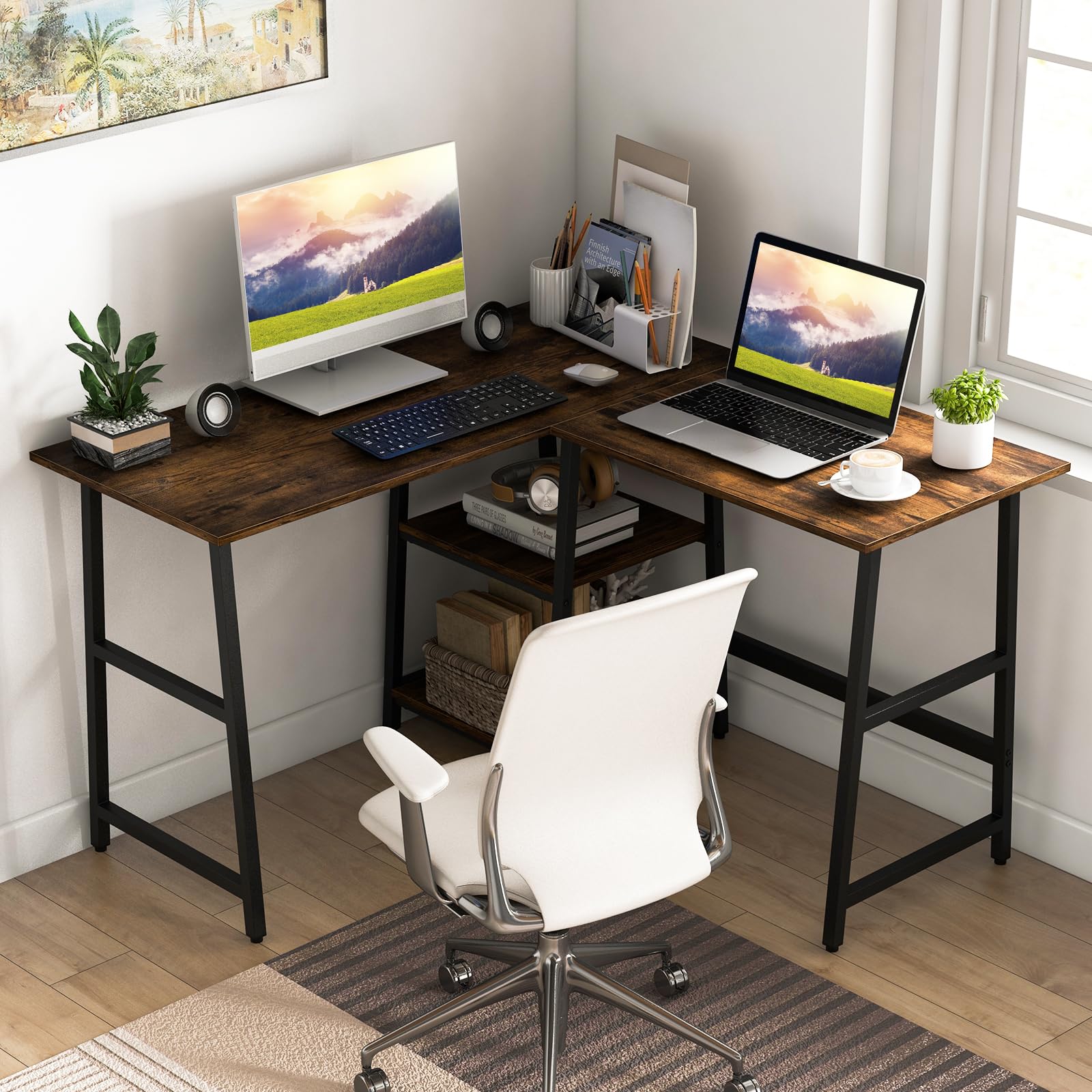 COSTWAY Escritorio Esquinero 120 x 120cm, Tomas de Corriente y Puertos USB, Escritorio en L con 2 Estantería, Estructura de Metal, Mesa Gaming L Oficina Casa (café)