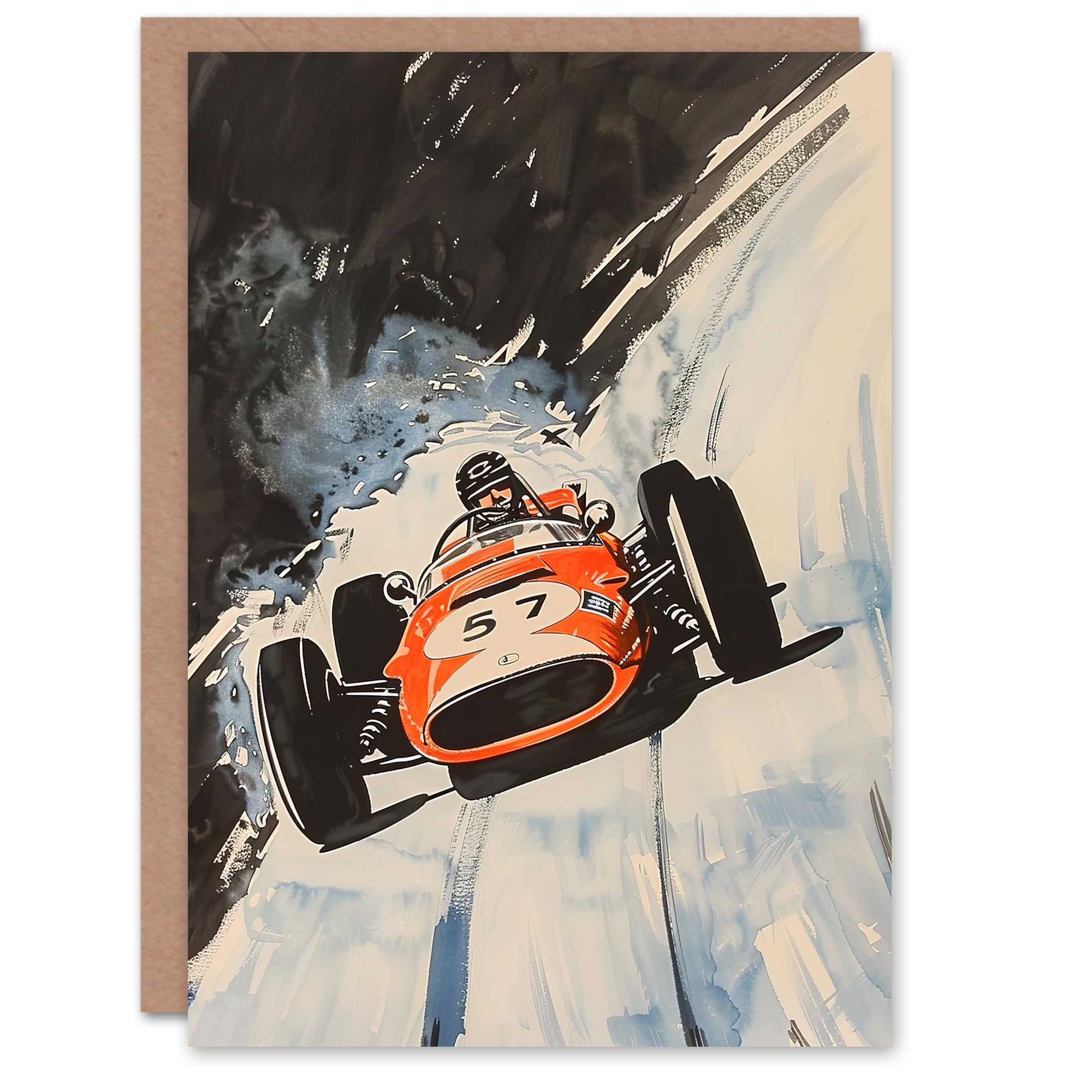 Artery8 Greeting Card Vintage Automobile Racing Watercolour For Him Man Birthday Card