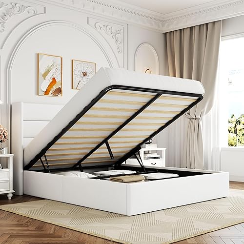 Miniatura 12 de Allewie Cama de almacenamiento elevable tamaño Queen, cabecera moderna con respaldo alado, soporte hidráulico, no necesita somier, color beige claro