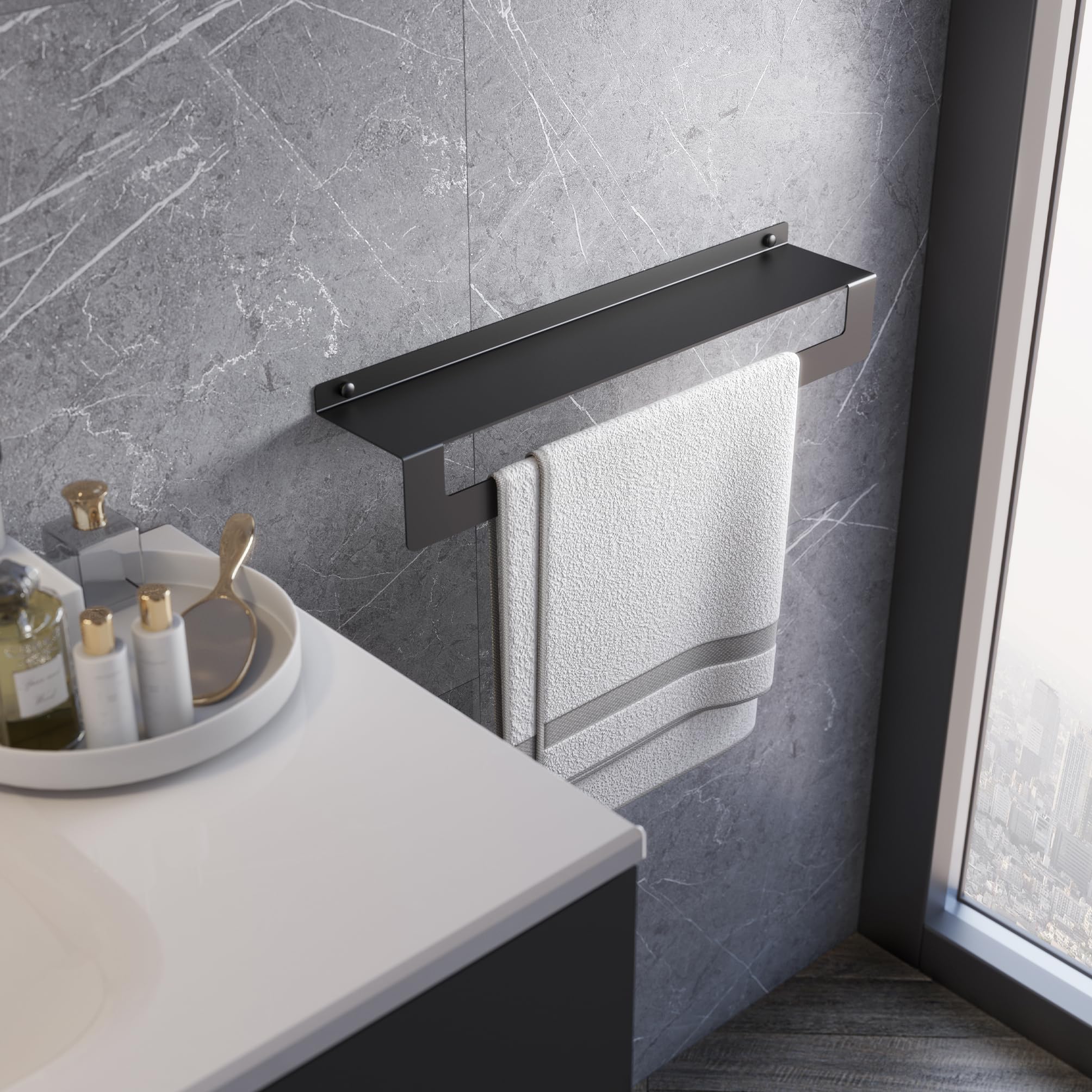 Gedy Cleo Estante baño Doble función, Estante Ducha, repisa para baño, toallero baño, toallero Pared, Negro Mate, Acero Inoxidable AISI 304, 50 x 10 x 9,5 cm, Impermeable