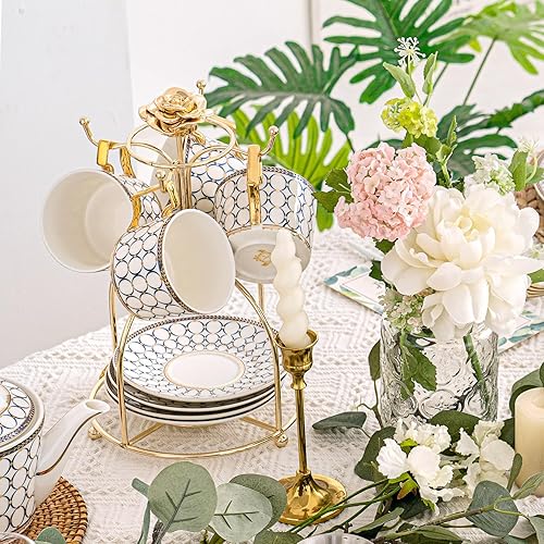 Miniatura 10 de CwlwGO -Servicio de taza y platillo de té azul de porcelana de hueso de 7 onzas para 4, juego de té de porcelana de la tarde con tetera, juegos de