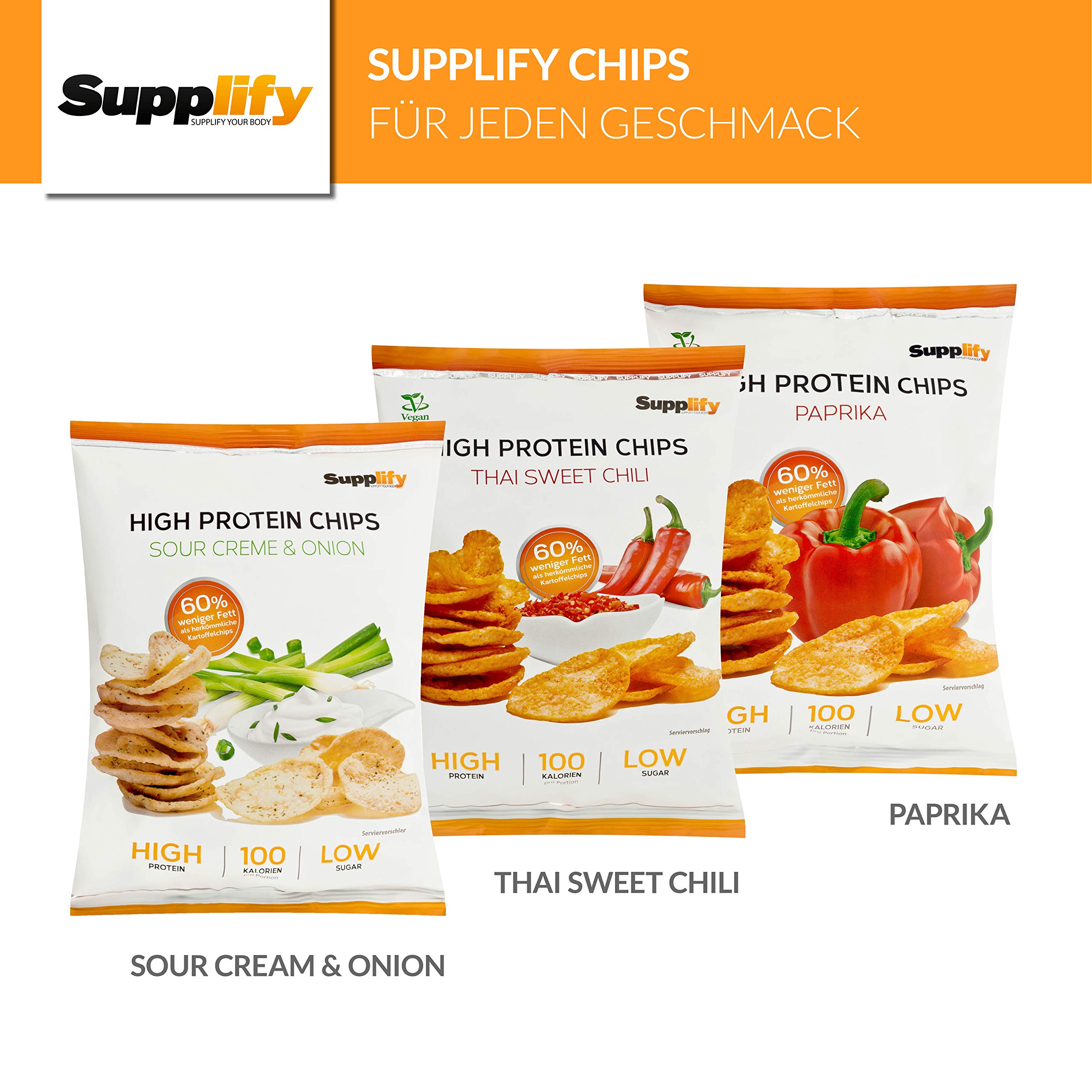 Supplify Chips à haute teneur en protéines Collation sportive poudre de protéines de petit-lait 3 saveurs