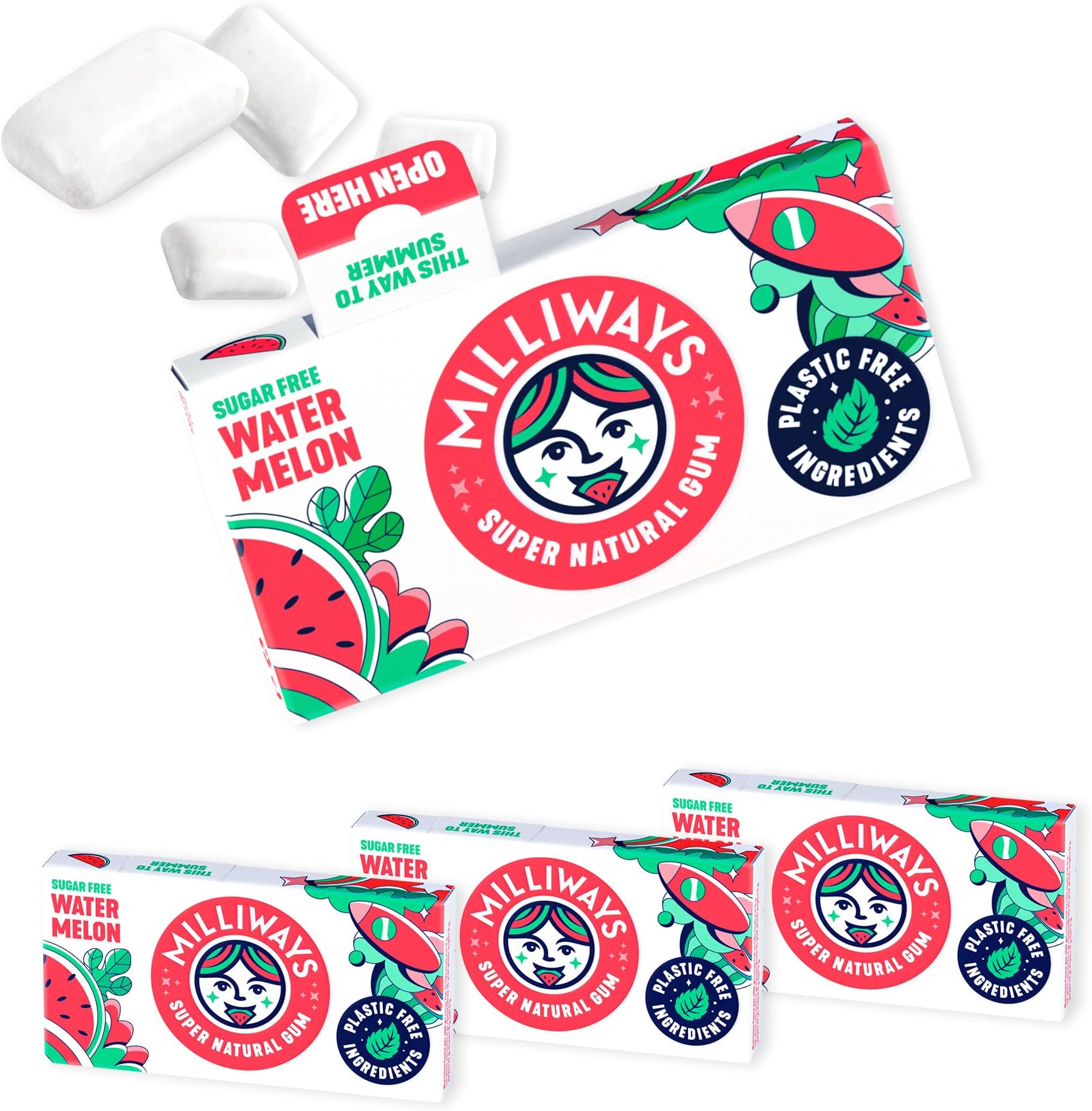 Milliways Watermelon Super Natural Gum - Sugar-free Chewing Gum | 4 Packs of 10 Pieces (40 Pieces Total) | Xylitol, Plastic-Free, Plant-Based, Biodegradable