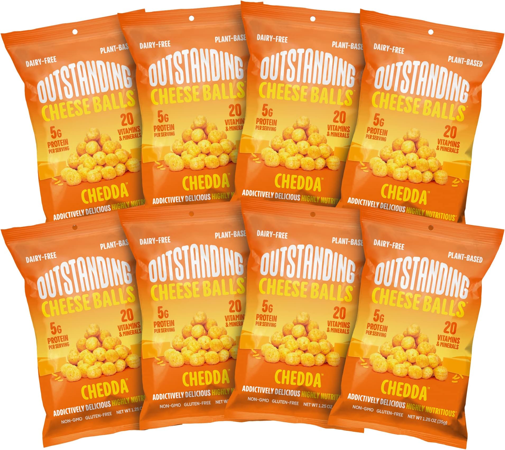 Outstanding Cheese Balls, Chedda, 1.25 oz (Pack of 8) - Dairy-Free, Non-GMO, 5g Protein, Plant Based, Gluten Free, Vegan, 20 Essential Vitamins & Minerals (Crunchy Puffed Snacks)