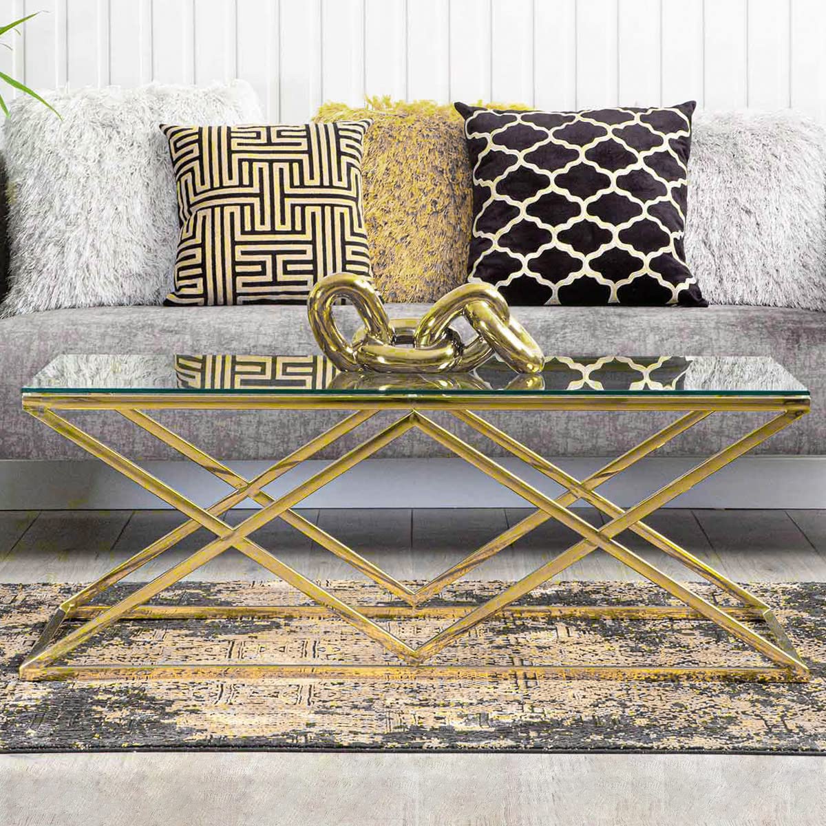 VANITY LIVING Coffee Table for Living Room, Modern Tempered Glass Tabletop with Porto Gold Sturdy Stainless Steel Frame, Centre Table for Dining Room