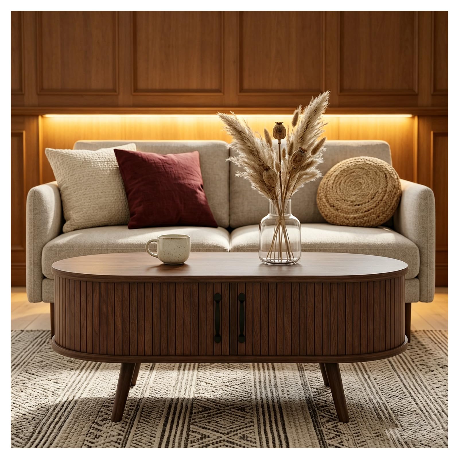Table basse de rangement moderne aux finitions cannelées et design rétro haut de gamme