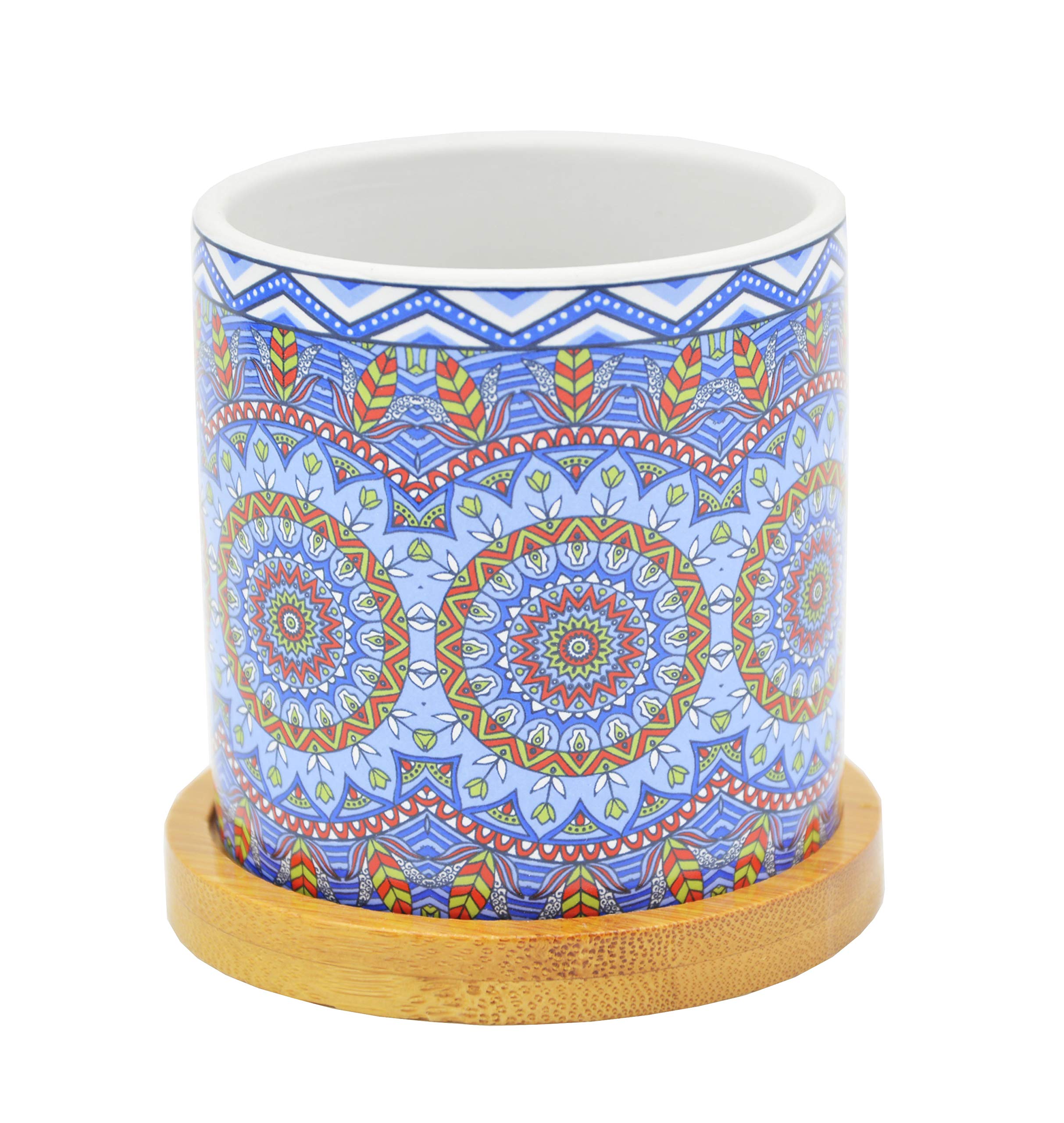 Keramik-Sukkulententopf Mit Bambus-Tablett – Mandala Design, 7.5 Cm | Blumentopf Für Kakteen & Kleine Pflanzen