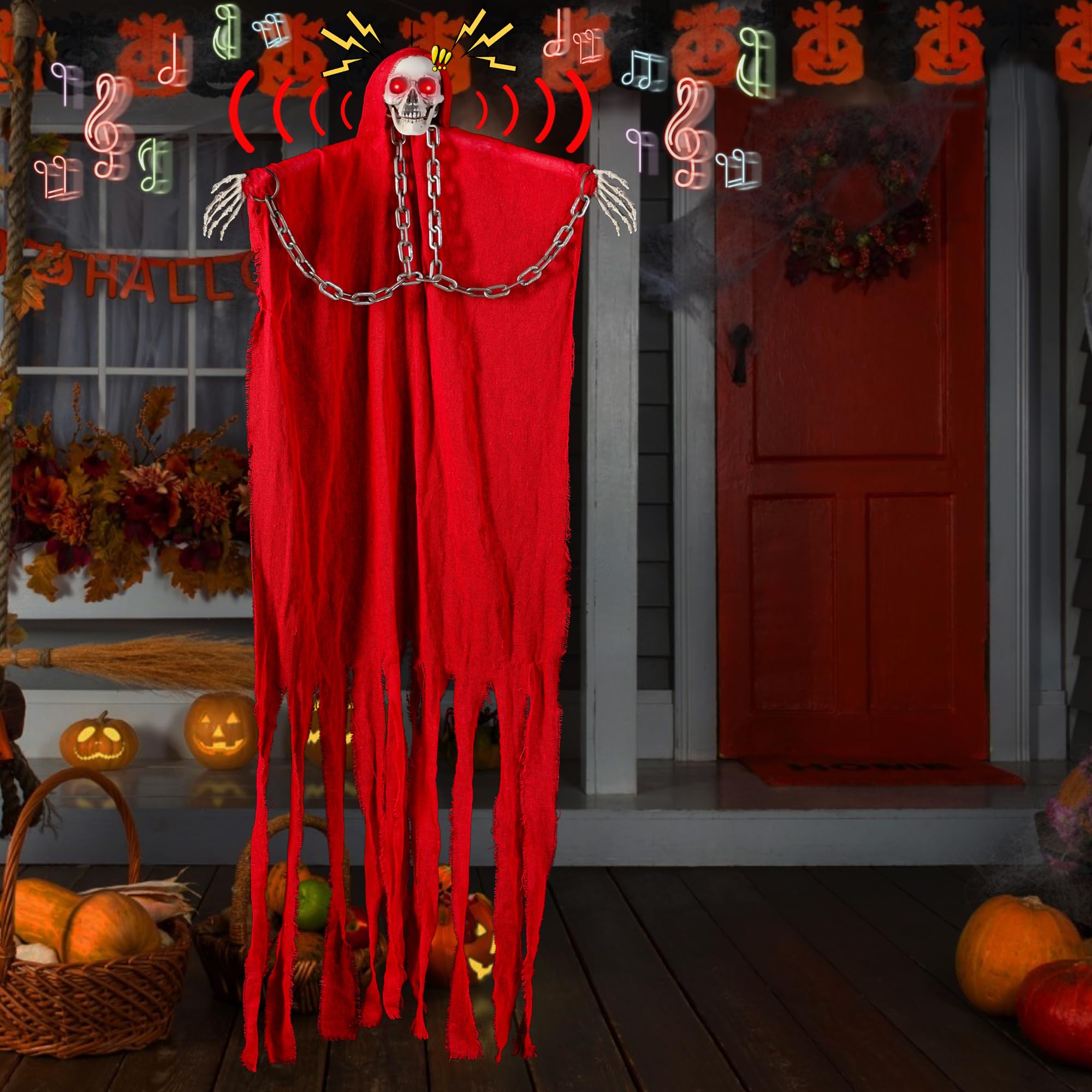 HIEMAO Halloween Decorations Outdoor Animated Hanging Ghost Skull with Flashing Eyes Creepy, Voice Activated Scary and Chain for Outside Indoor Haunted House Prop Decor Party - Red