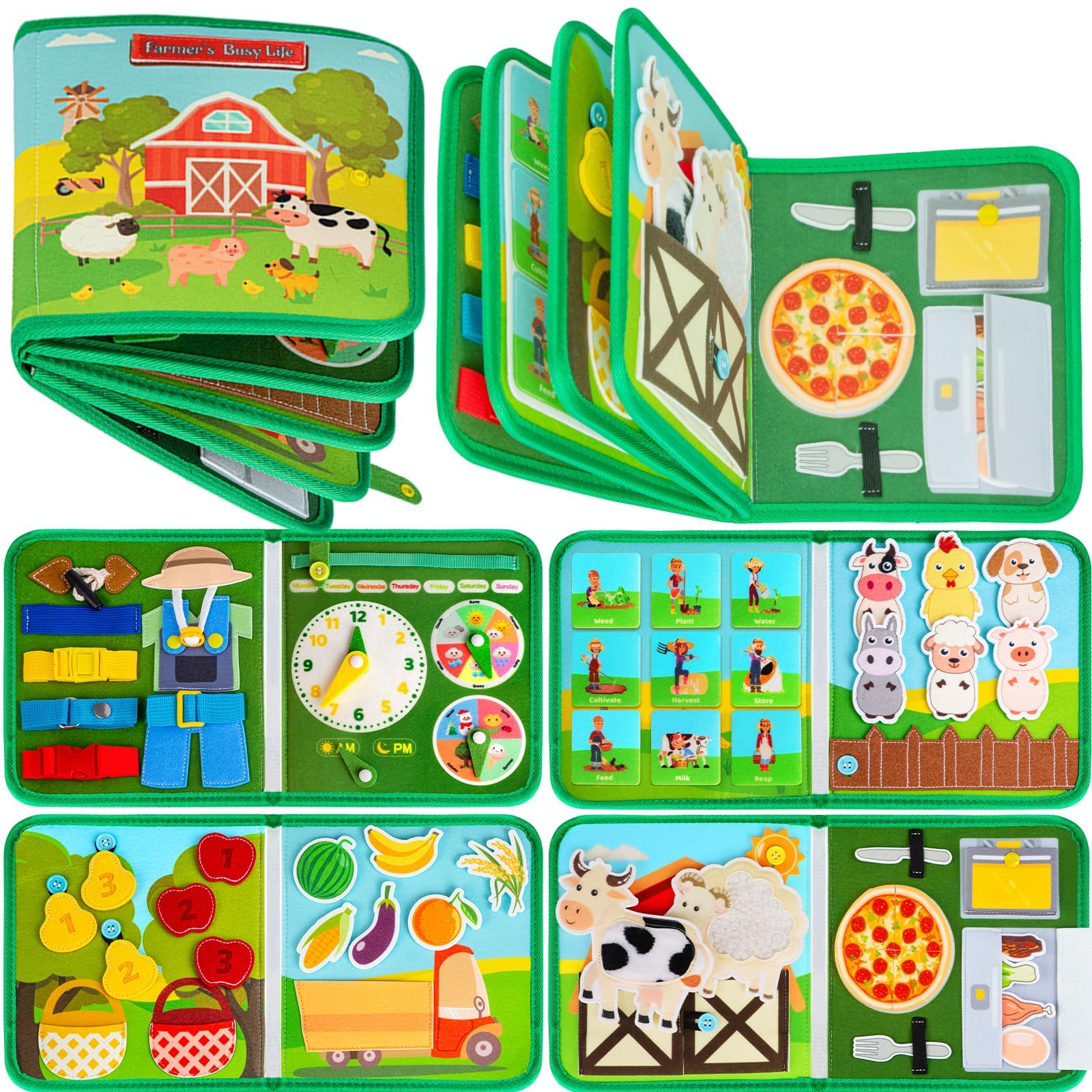 Quanquer Busy Book per Bambini Piccoli Farm Busy Board Giocattolo Montessori per Bambini di 1 2 3 4Anni Attività di Apprendimento Prescolare Giocattoli da Viaggio per Bambini Piccoli（Versione Inglese）