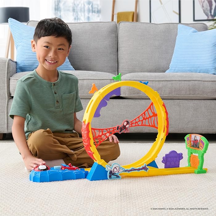 Spidey and his Amazing Friends Marvel Amazing Metals Super Loop Track – Circuit de Course de 71,1 cm avec Lanceur, Super Boucle à 360 degrés et véhicule Exclusif Amazing Metals