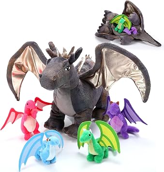 Zomiboo 5 Pcs Christmas Dragon Plush Stuffed Animal Toy 16 Inch Giant Mommy Dragon Plush with 4 Pcs Babies Dragons in Zippered Belly for Kids Birthday Children's Day Christmas Gifts Classroom Prizes
