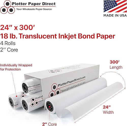 Miniatura 2 de Plotter Paper Direct (18 libras, translúcido  4 rollos, núcleo de 2 pulgadas  24 pulgadas x 300 pies) para impresión CAD en impresoras de chorro de