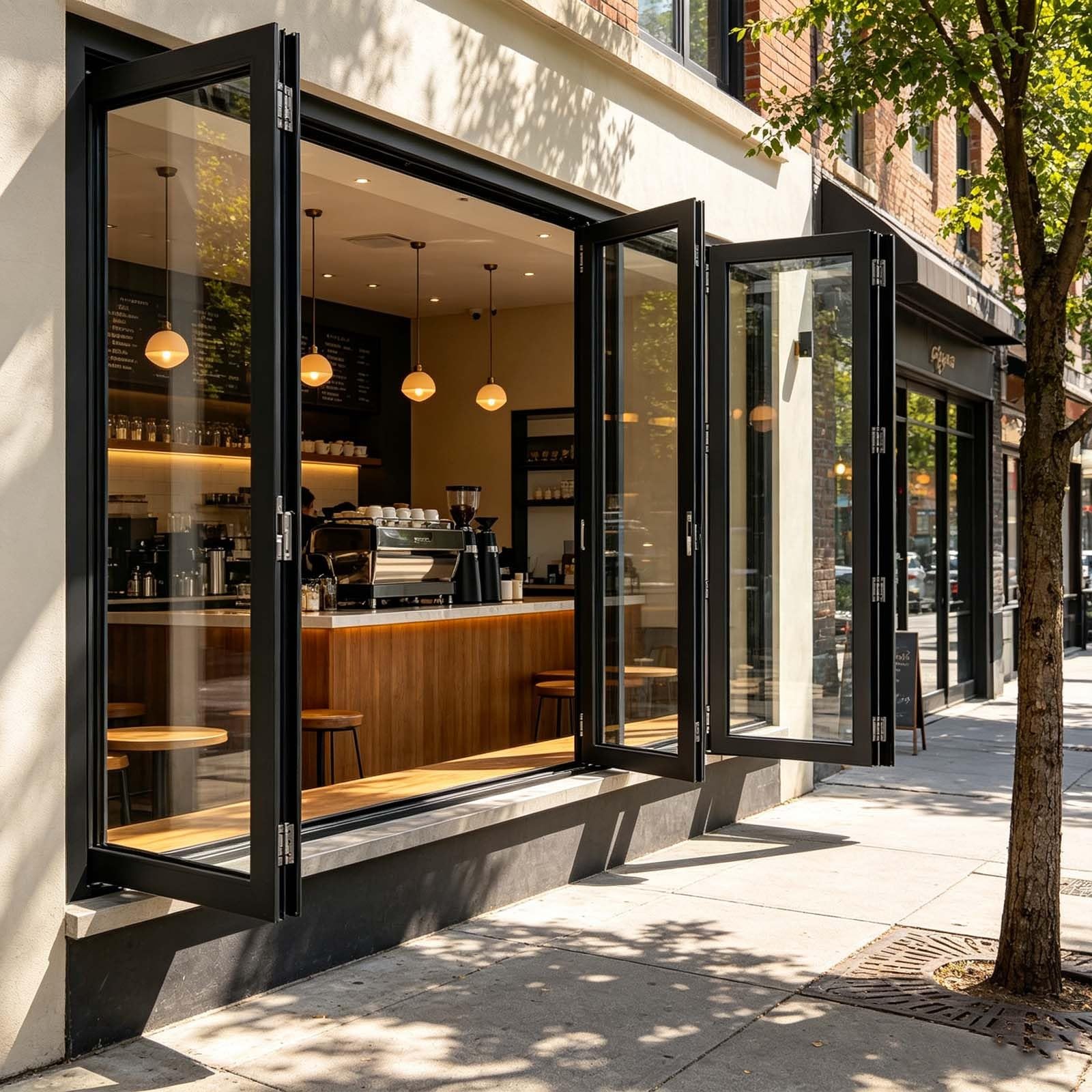 Puerta divisoria interior retráctil de doble hoja; ventanas correderas comerciales con cristal templado de recambio; ventana de ventilación para restaurantes de comida rápida y cafeterías
