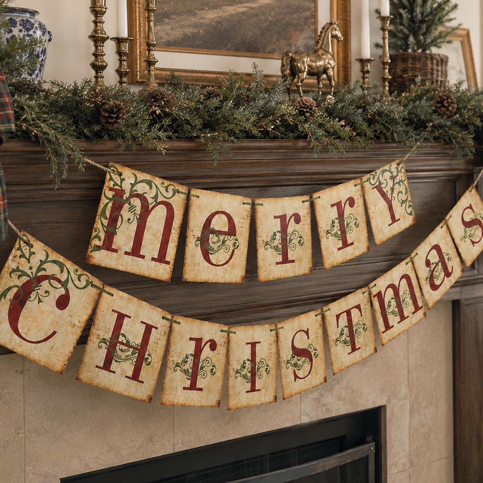 Vintage Merry Christmas Banner - Holiday Home Decor -1