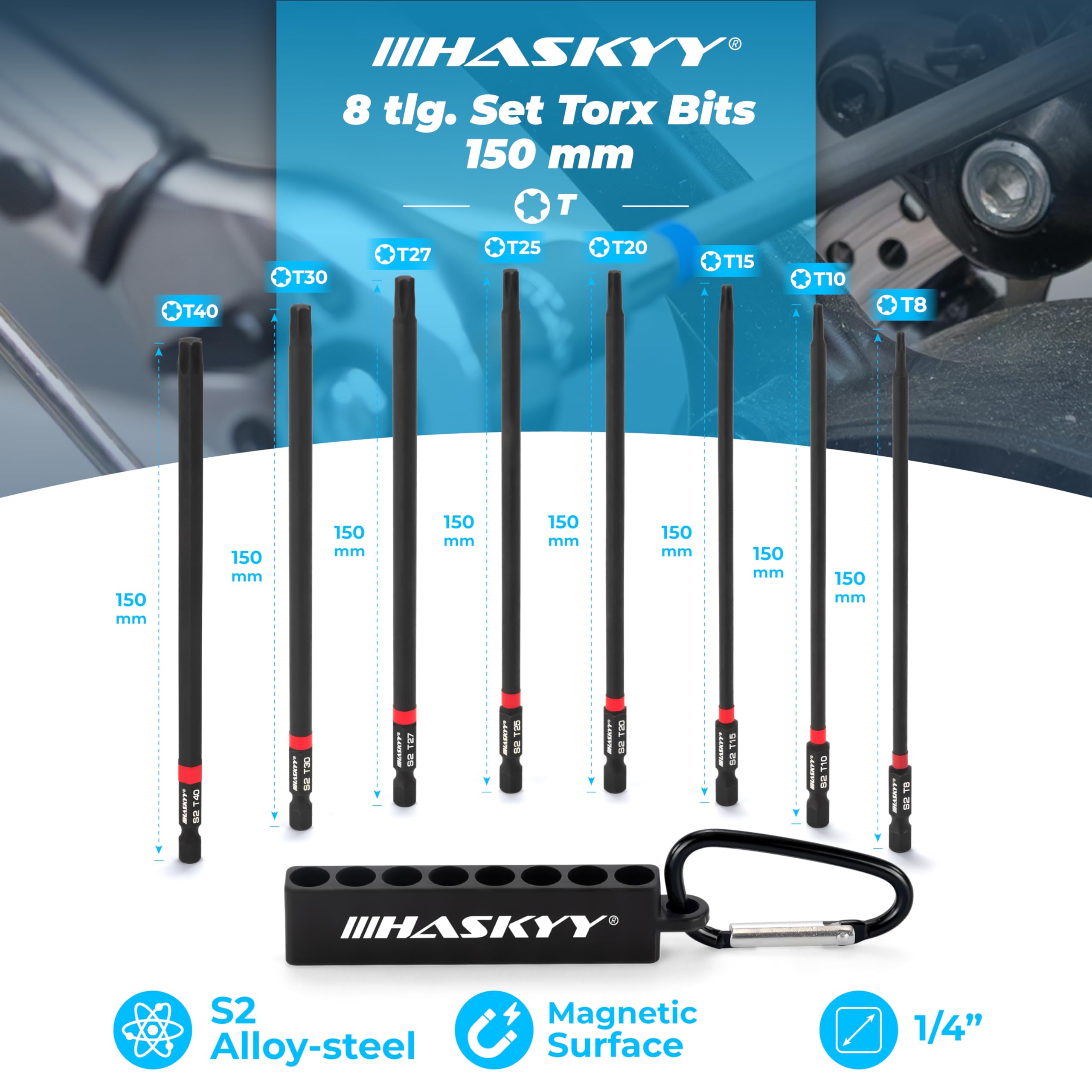 HASKYY Set Punte Torx da 1/4 Pollici, Lunghezza 150 mm, T8 - T40, Punta Lunga Torx Magnetica, 8 Pezzi, Batteria per cacciavite, Nero, Set di Punte esagonali