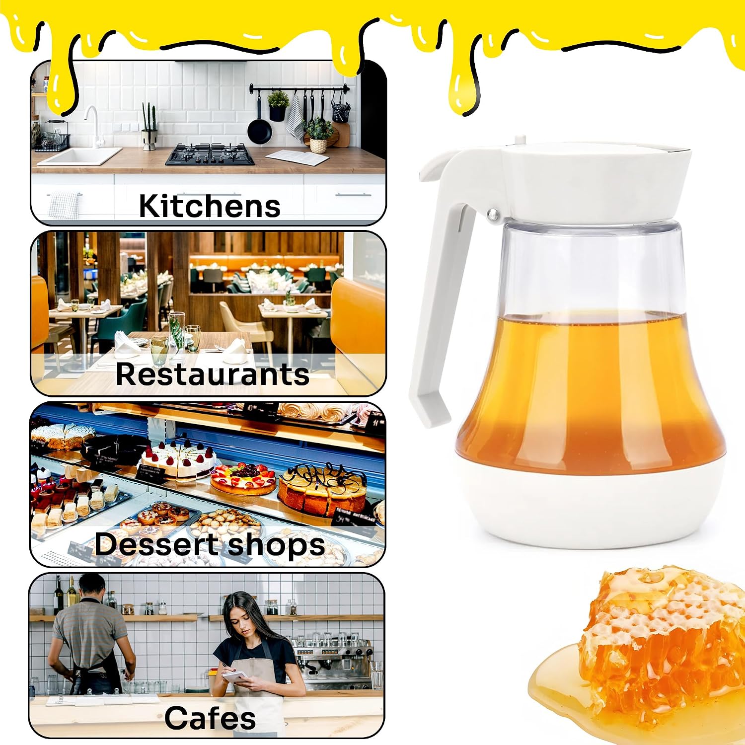 8.5 oz Plastic No-Drip Syrup Dispenser for Maple Syrup & Honey, 250ml Honey Dispenser Bottle with Stainless Steel Spout and Non-Slip Handle, Kitchen Oil Pourer for Coffee Bar (White)