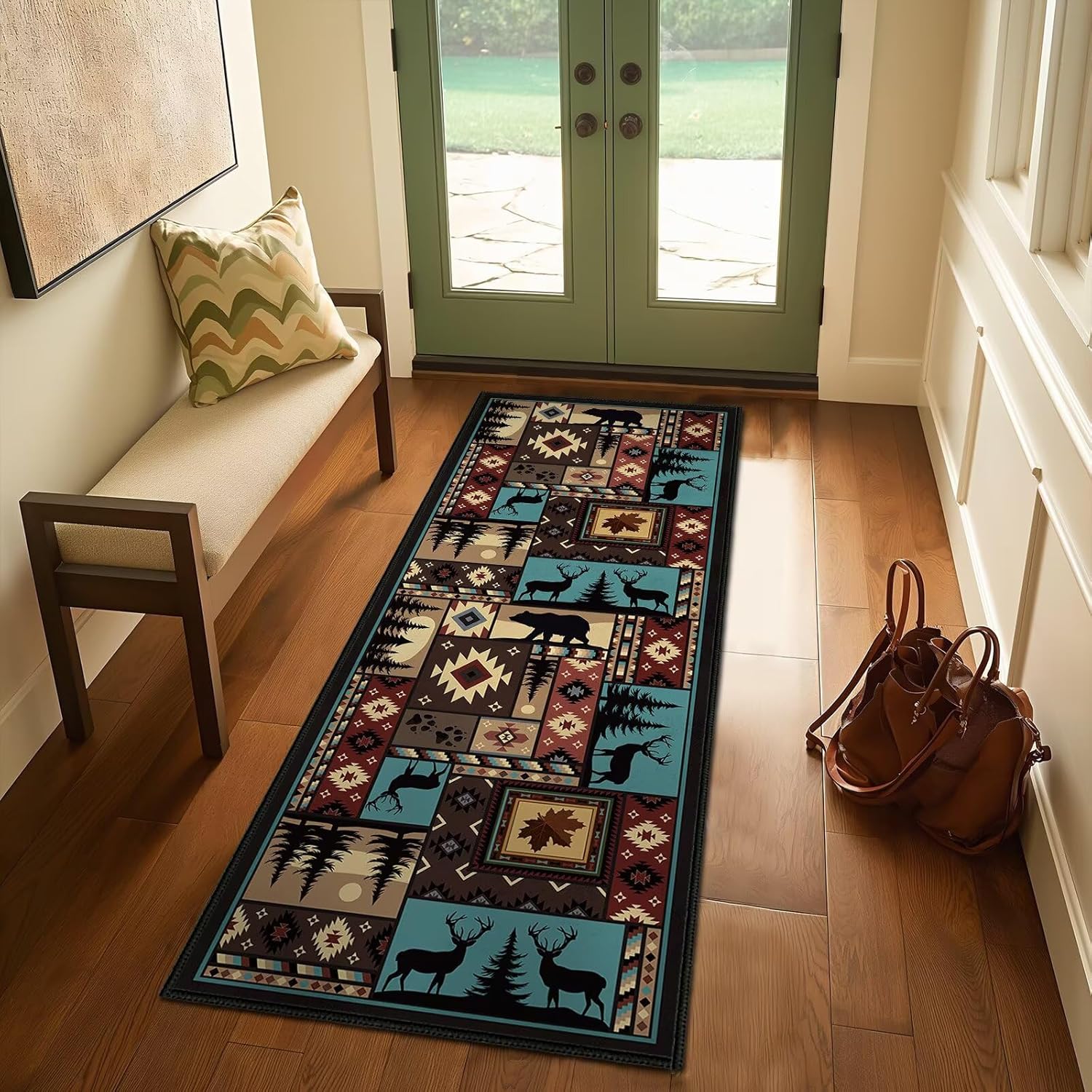 Rustic Cabin Wildlife Runner Rug 2x6 Hallway Rug,Maple Leaf Bear Moose Deer Country,Vintage Area Rugs Washable Runner Carpet Ultra-Thin Non Slip Throw Accent Floor Carpets for Entryway,Kitchen,Bedroom