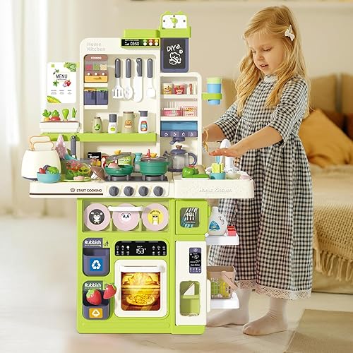 Miniatura 8 de Juego de 101 piezas de cocina para niños, juego de cocina para niños pequeños con estufa de sonido, luces, música, grifo, fregadero y comida de