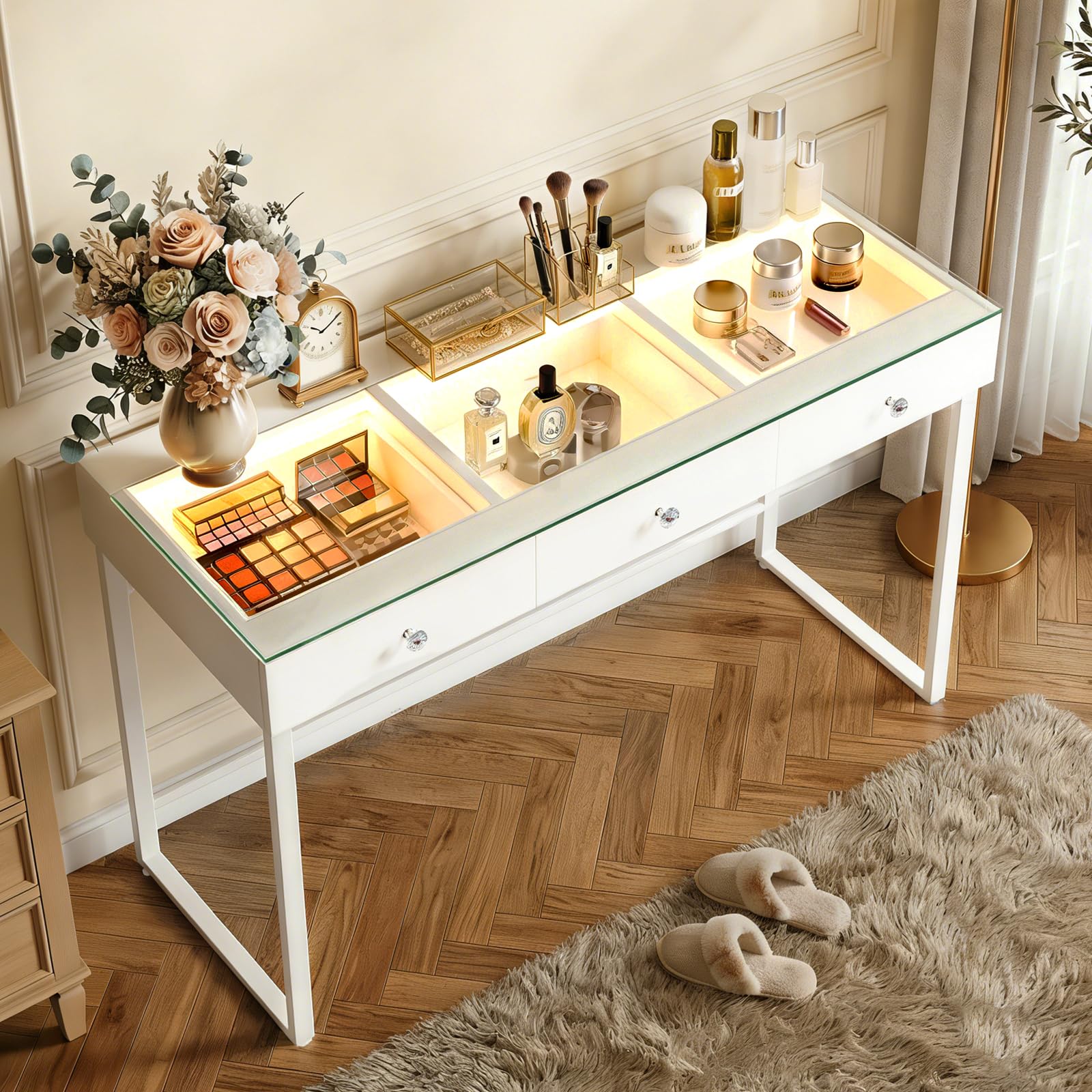 FENCHILIN Schminktisch mit Beleuchtung 3 großen Schubladen 115 x 55 x 81 cm | Schminktisch mit 3 Lichtfarben und transparenter Tischplatte aus gehärtetem Glas für Schlafzimmer und Ankleidezimmer Weiß