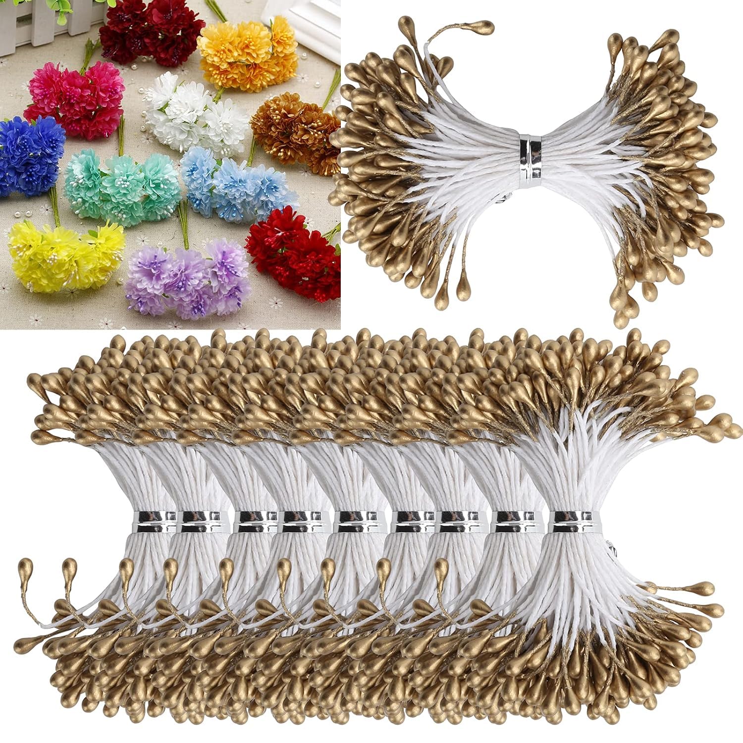 Double End Stamen Standard Gypsum Pearl Stamen for DIY Artificial Flowers, Clothing Decoration and Jewelry Accessories Craft Supplies, 1 Packet (Gold)-image-2