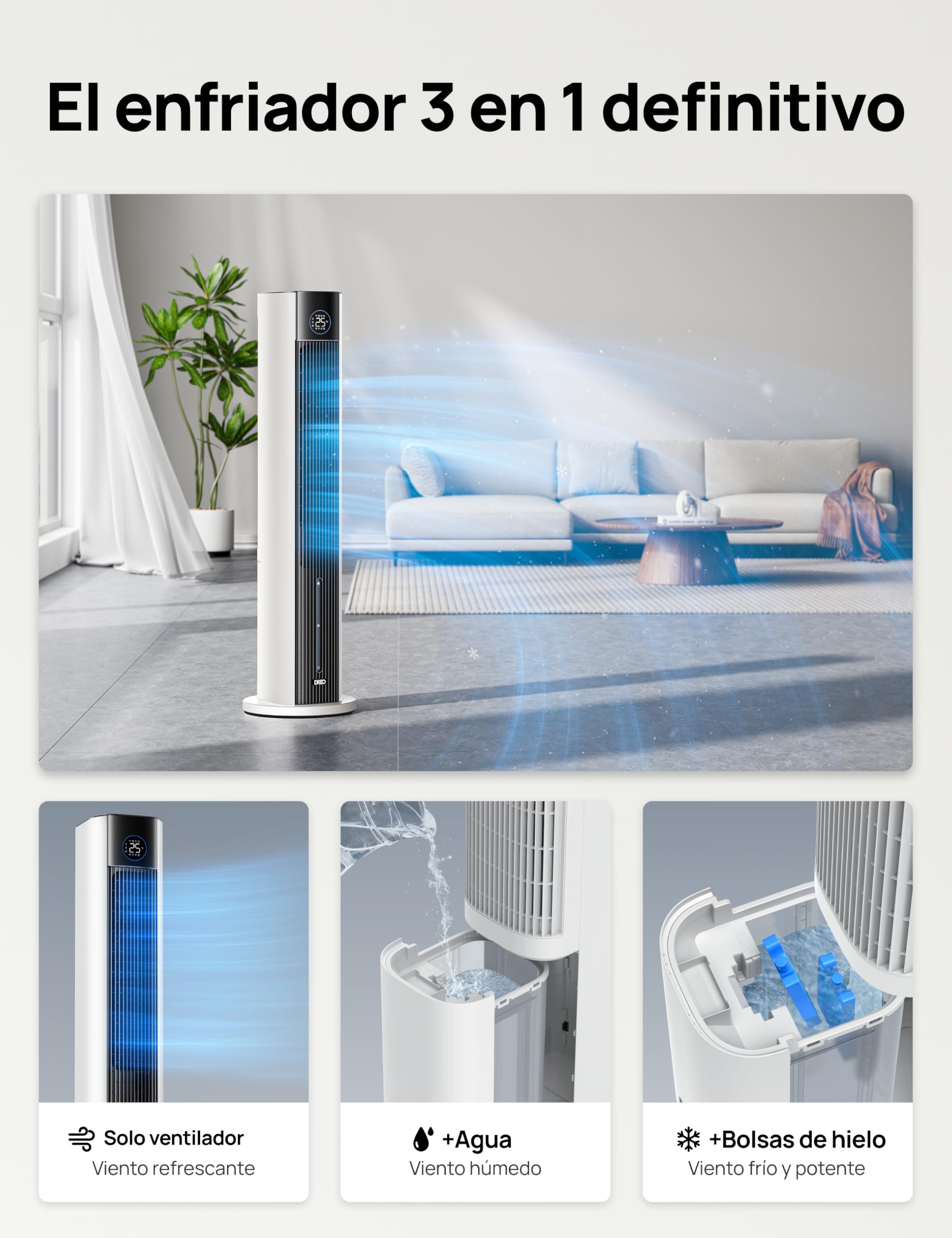 DREO Ventilador de Torre con enfriamiento por agua, enfriador 110 cm, silencioso, 4 velocidades, 4 modos, evaporativo, control app, paquete de hielo, oscilación 80°, temporizador 12 h, blanco