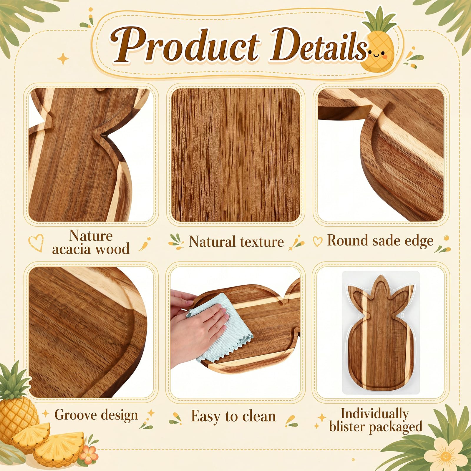 Geetery Paquete de 4 bandejas de madera de acacia para charcutería de piña