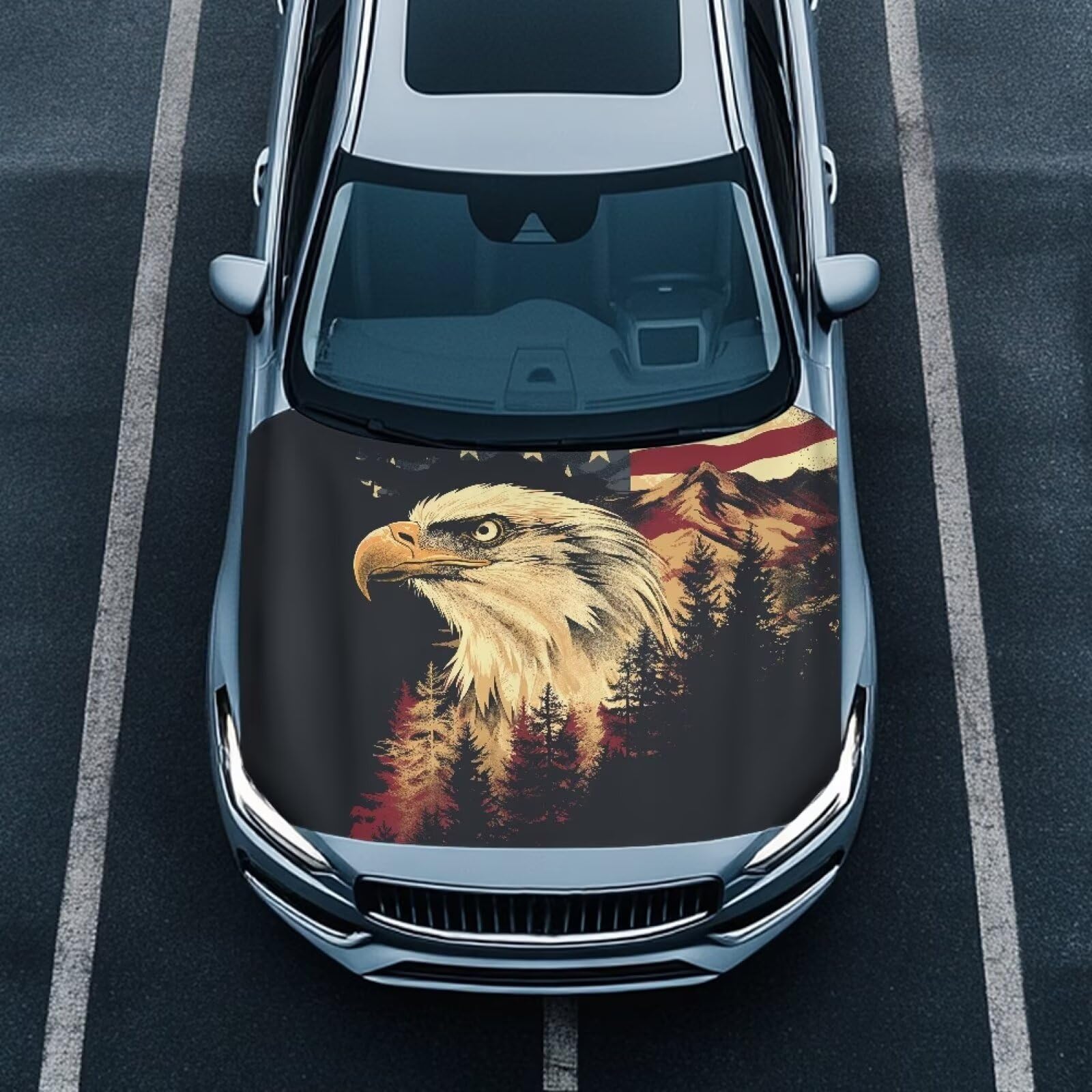 Renewold Eagle American Flag Mountain Car Hood Cover Protector Hood Covers for Cars Indoor Outdoor Decor Hood Wrap Blanket Women Men Automotive Exterior Accessories