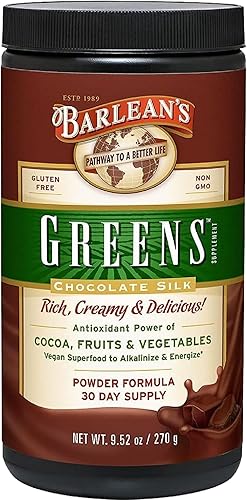 Barlean's Polvo de verduras de chocolate, suplemento diario de superalimentos de frutas y verduras, mezcla de antioxidantes verdes y mezcla de