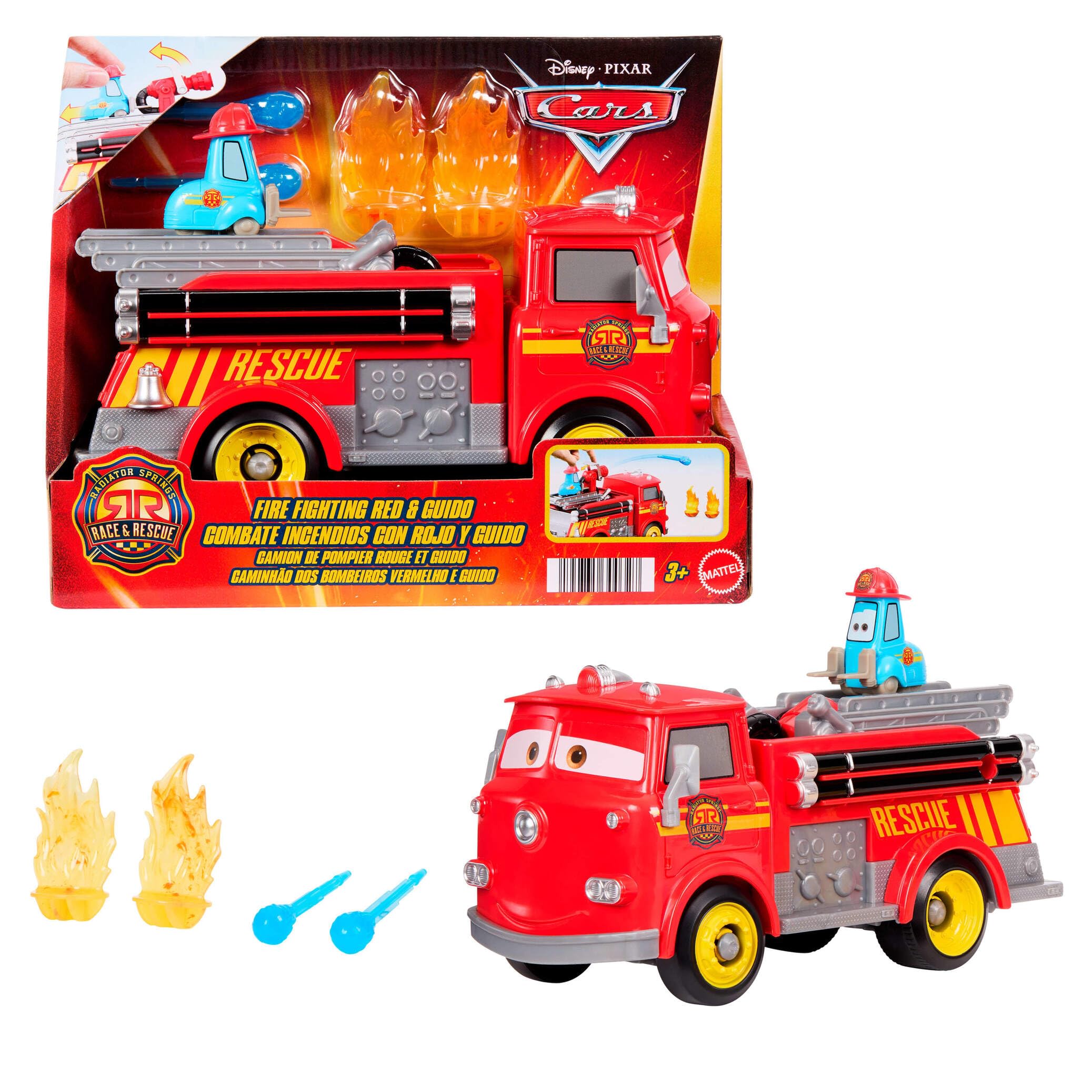 Mattel Disney Pixar Cars Rescate a toda máquina en Radiador Springs Camión de bomberos de juguete Rojo y Guido, 2 dianas de plástico en forma de fuego y 2 proyectiles de agua, JFL54