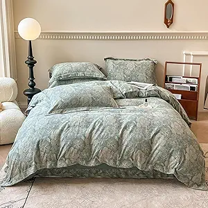VM VOUGEMARKET Jacquard Flower Duvet Cover King with 2 Pillow Shams,Sage Green Bedding Set,Soft Breathable Yarn-Dyed Cotton Comforter Cover with Zipper Closure-King