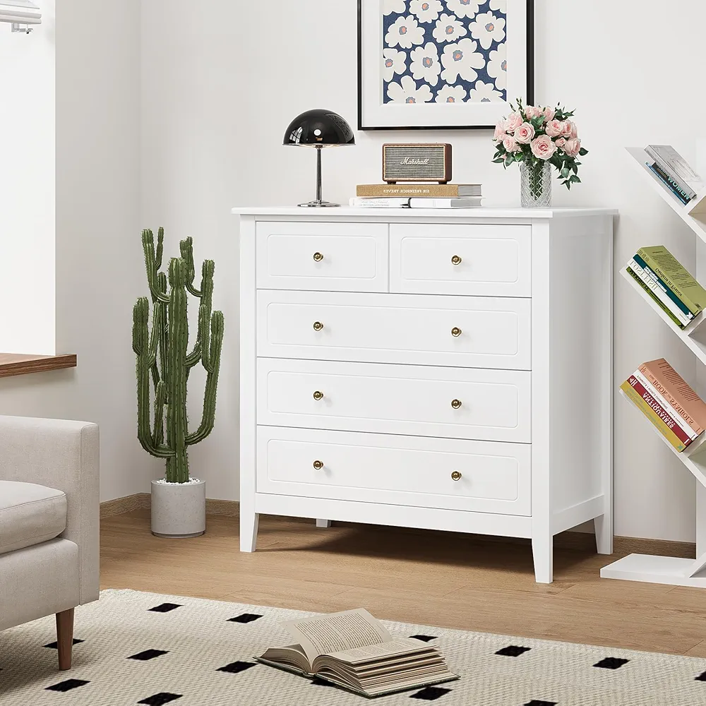 Commode 6 Tiroirs FOREHIИL Blanche 133cm - Meuble Rangement Scandinave Pour Chambre Ou Salon