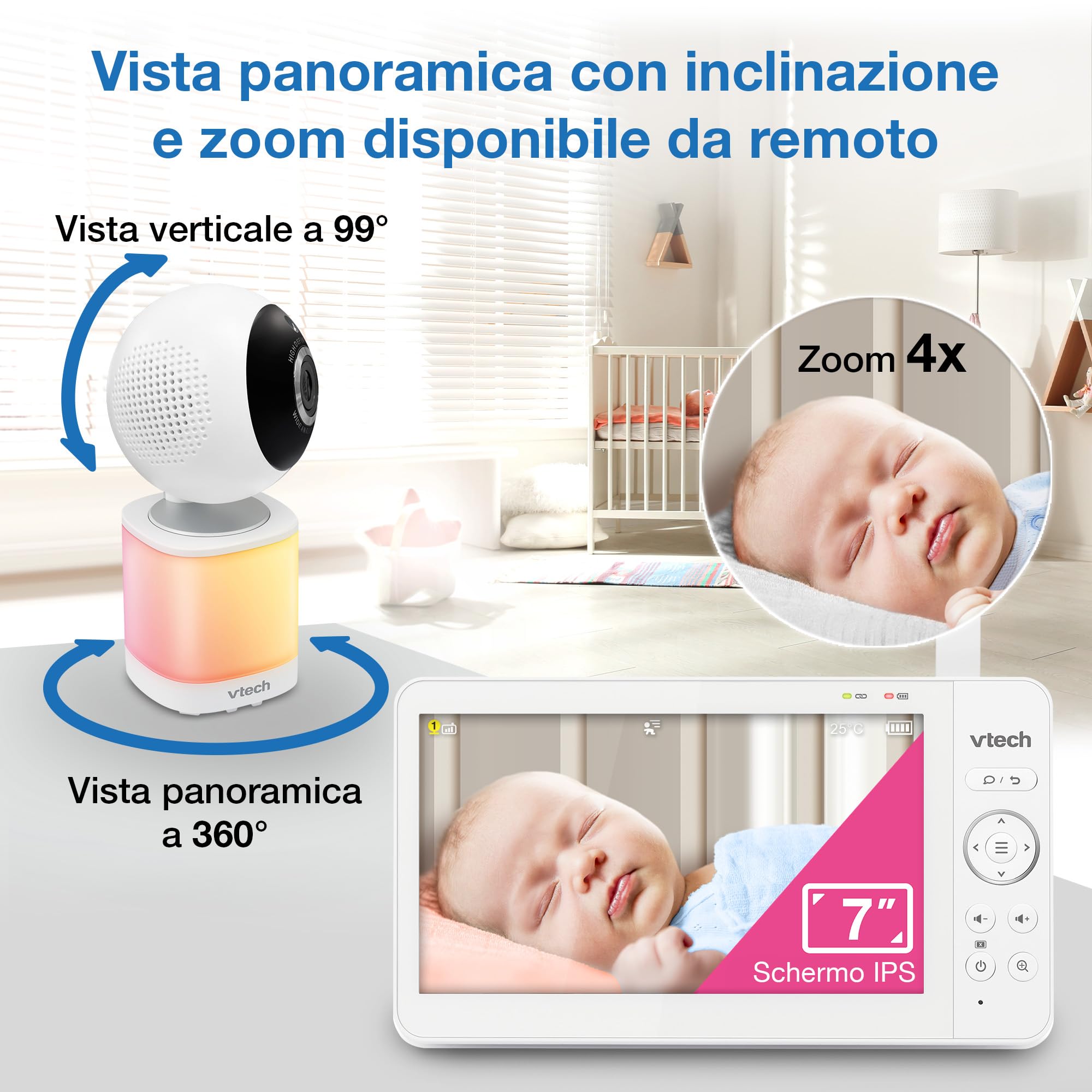 VTech Baby monitor video con schermo LCD a colori da 7", telecamera orientabile con zoom, luce notturna multicolore touch, ninne nanne e suoni rilassanti, Divisione schermo: VM7468