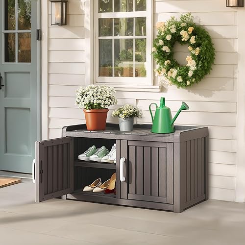 Miniatura 14 de NUNU LAB Gabinete de zapatos de resina, resistente al agua, con estantes ajustables, banco de almacenamiento de entrada con asiento, banco de