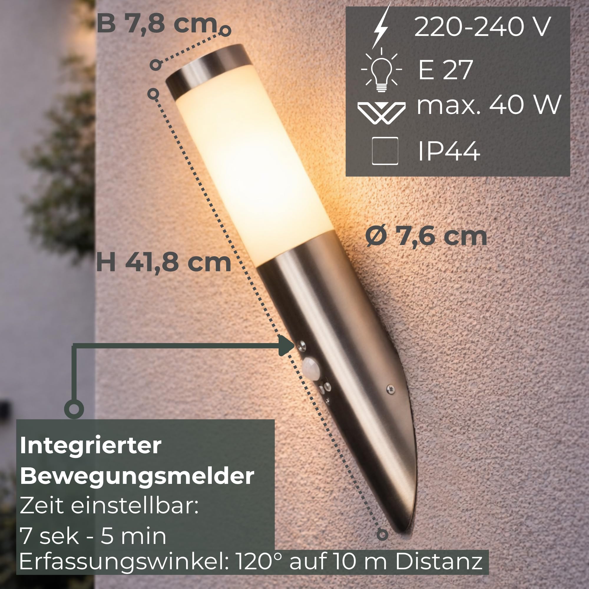 Novatool 2x Wandleuchte Aussen Edelstahl mit Bewegungsmelder I IP44 I E27 Sockel I Ø7x8H36 cm I Außenlampe Balkon Außenleuchte Außenbeleuchtung Haus Wandleuchte Aussenbeleuchtung Gartenleuchte