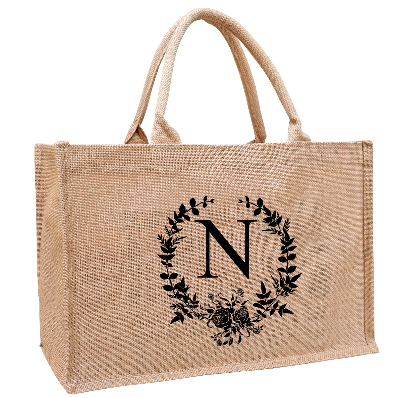 ReJiechu A to Z Initial Tote Bags for Women, Monogrammed Burlap Jute Tote Bag with Handles for Woman, Teachers, Mom