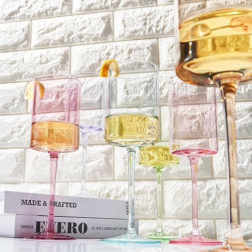 Miniatura 3 de Khen Juego de 6 copas de vino de cristal cuadradas de colores, regalo para ella, él, esposa, amigo, tamaño grande de 12 onzas, vasos altos de estilo